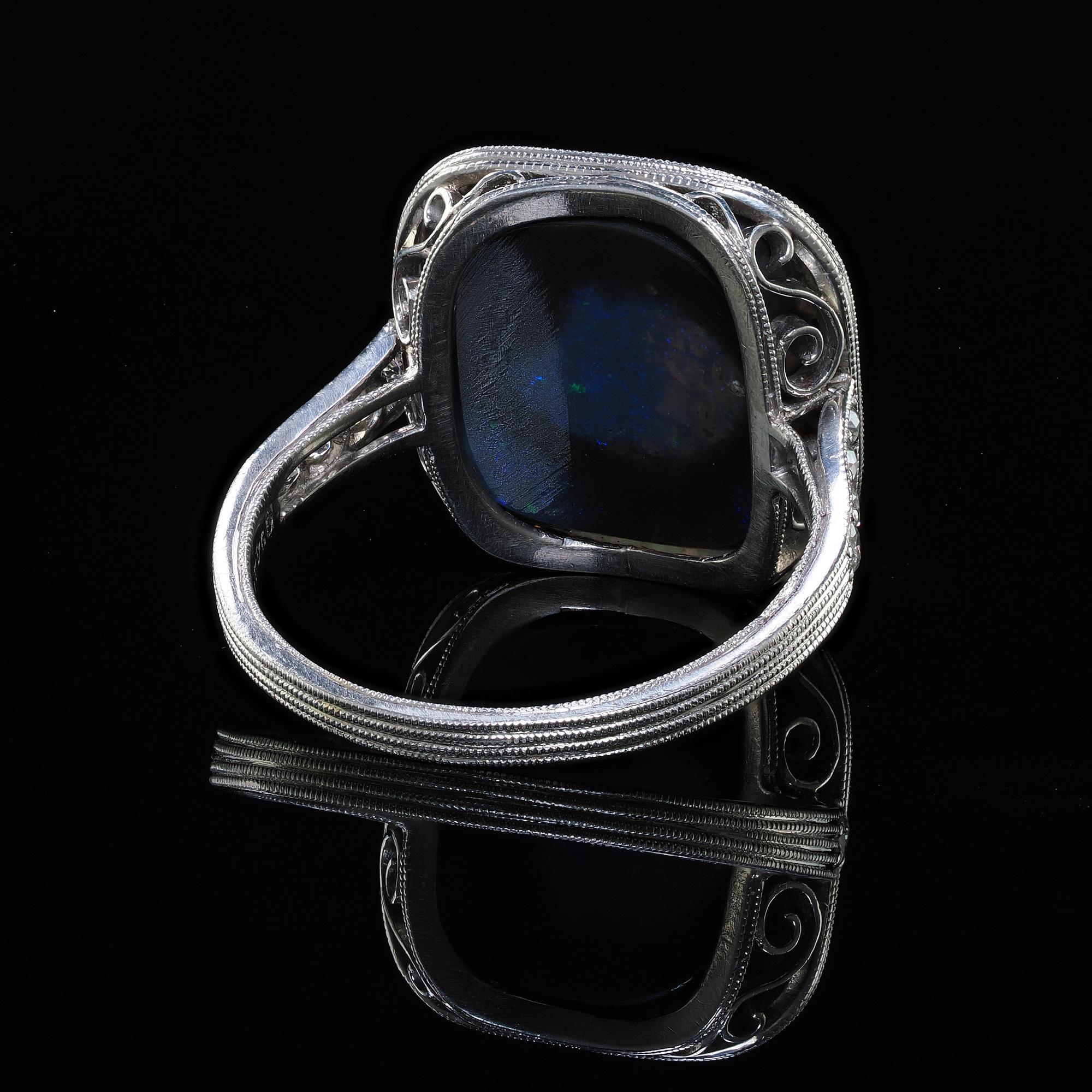 Antique Art Deco Platinum J. E. Caldwell Natural Black Opal and Diamond Ring For Sale 3
