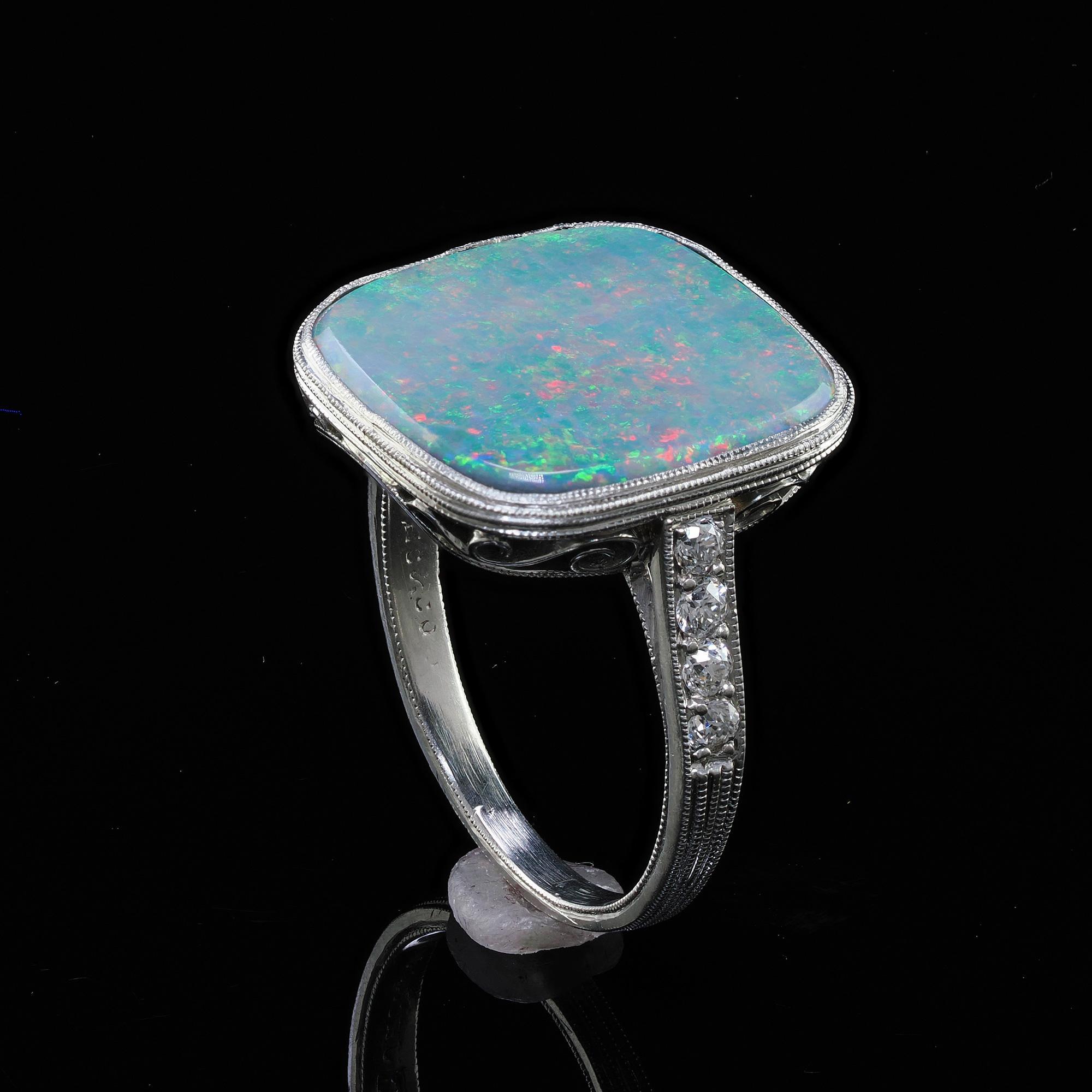 Antique Art Deco Platinum J. E. Caldwell Natural Black Opal and Diamond Ring For Sale 4