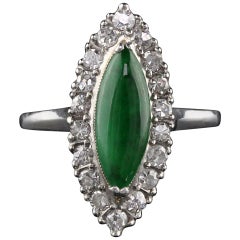 Antique Art Deco Platinum Jade and Diamond Navette Ring