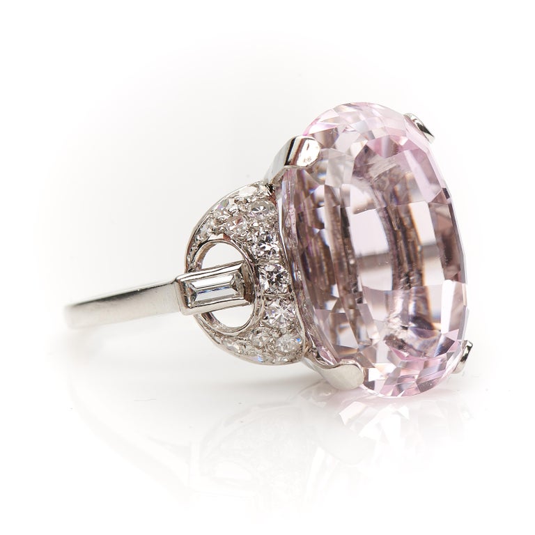 Oval Cut Antique, Art Deco, Platinum Kunzite and Diamond Cocktail Cluster Ring For Sale