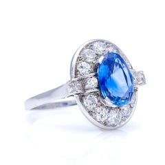 Antique, Art Deco, Platinum, Large ‘Cornflower’ Ceylon Sapphire and Diamond Ring