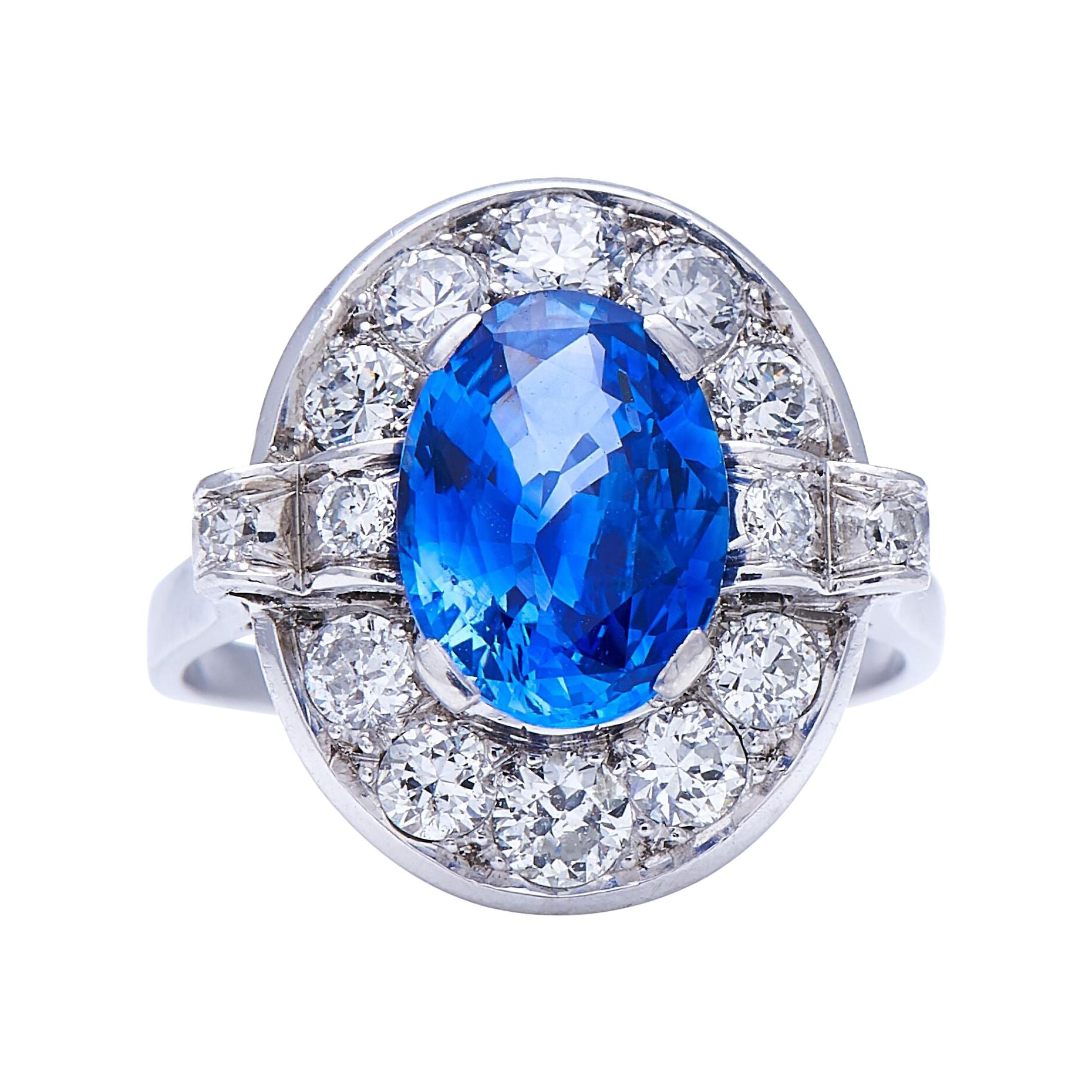 Antique, Art Deco, Platinum, Large ‘Cornflower’ Ceylon Sapphire and Diamond Ring