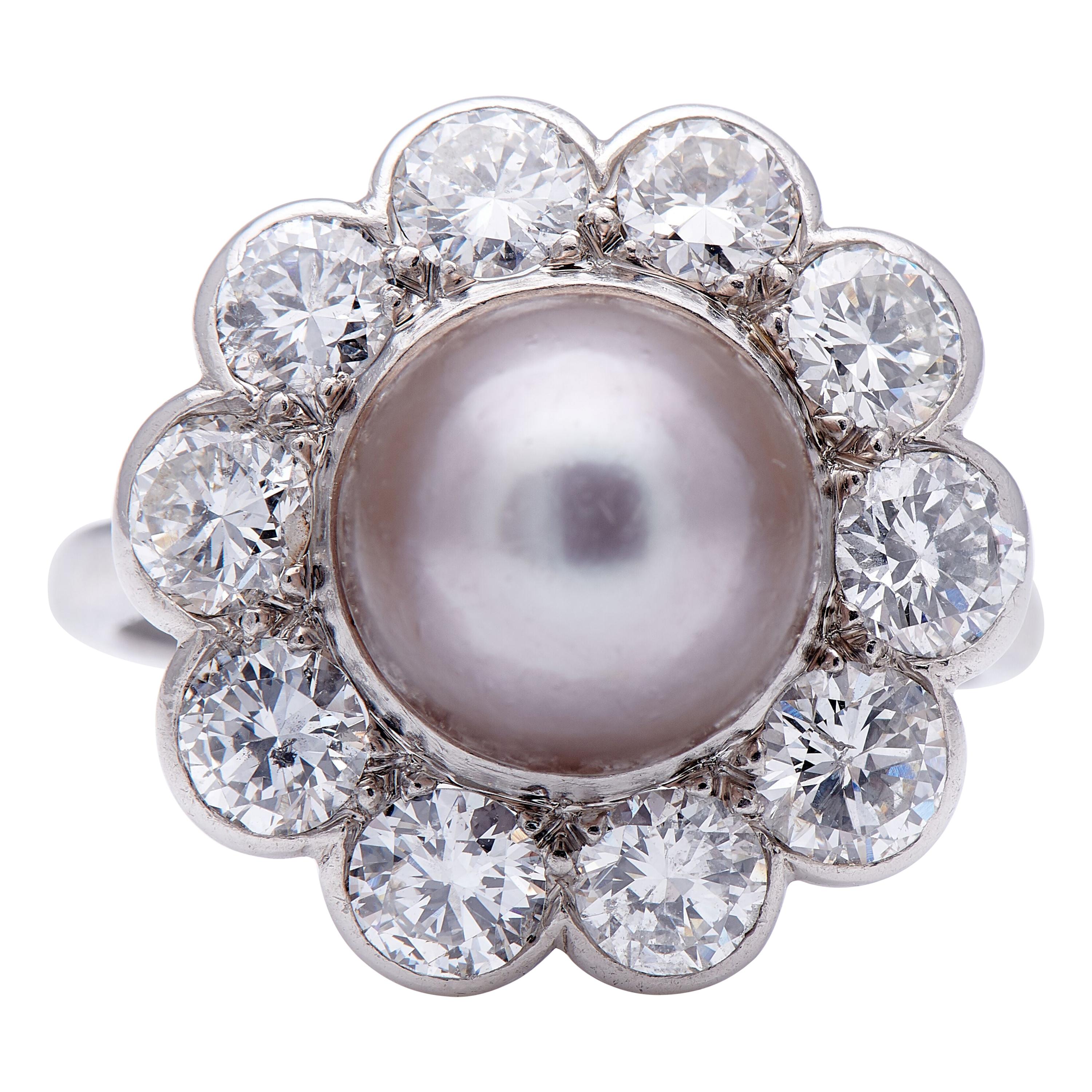 Antique, Art Deco, Platinum, Large Natural Grey Pearl and Diamond Cluster Ring For Sale