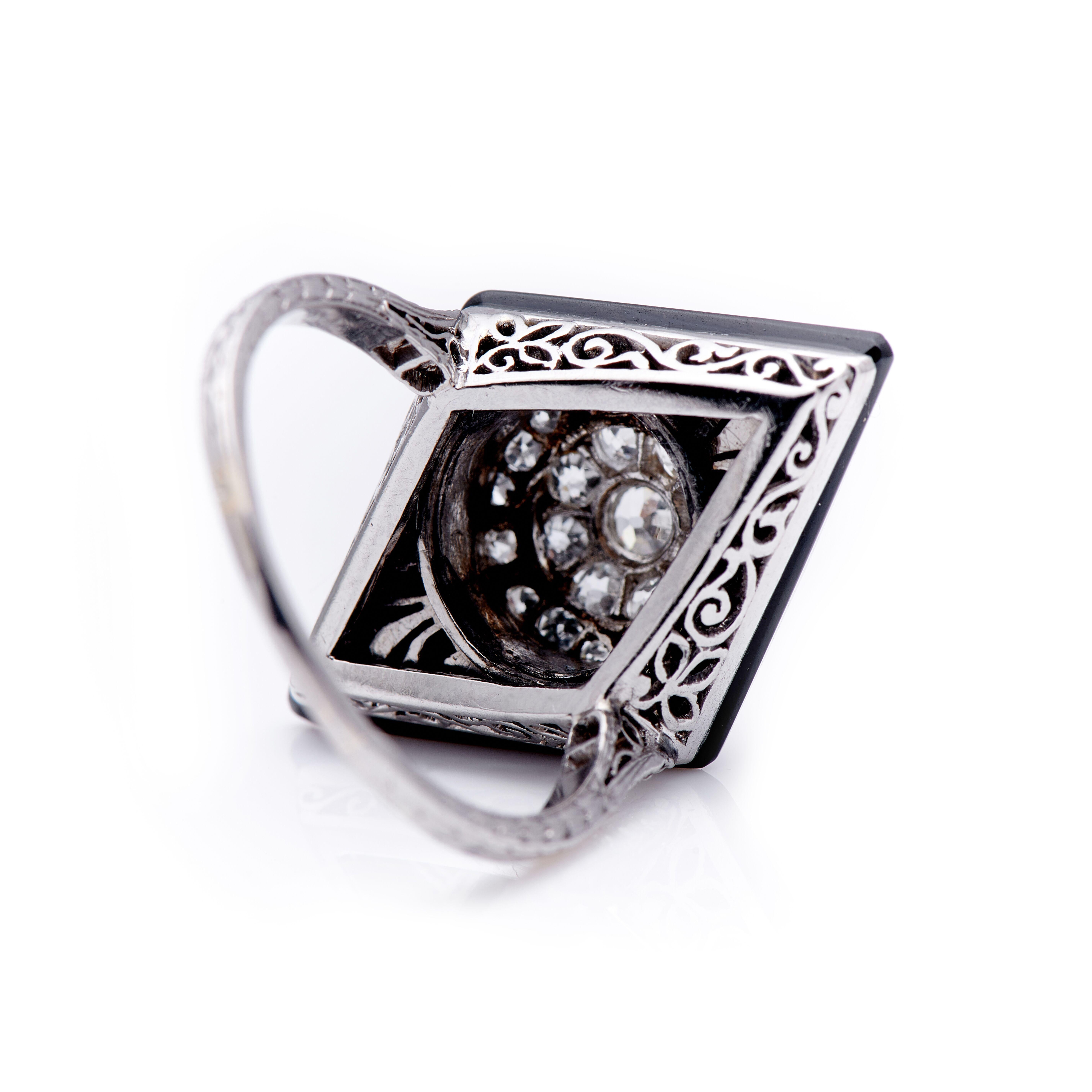 Old European Cut Antique, Art Deco, Platinum, Large Onyx and Diamond Cluster Cocktail Ring For Sale