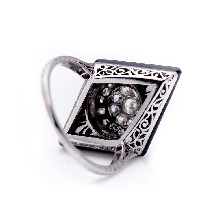 Old European Cut Antique, Art Deco, Platinum, Large Onyx and Diamond Cluster Cocktail Ring For Sale