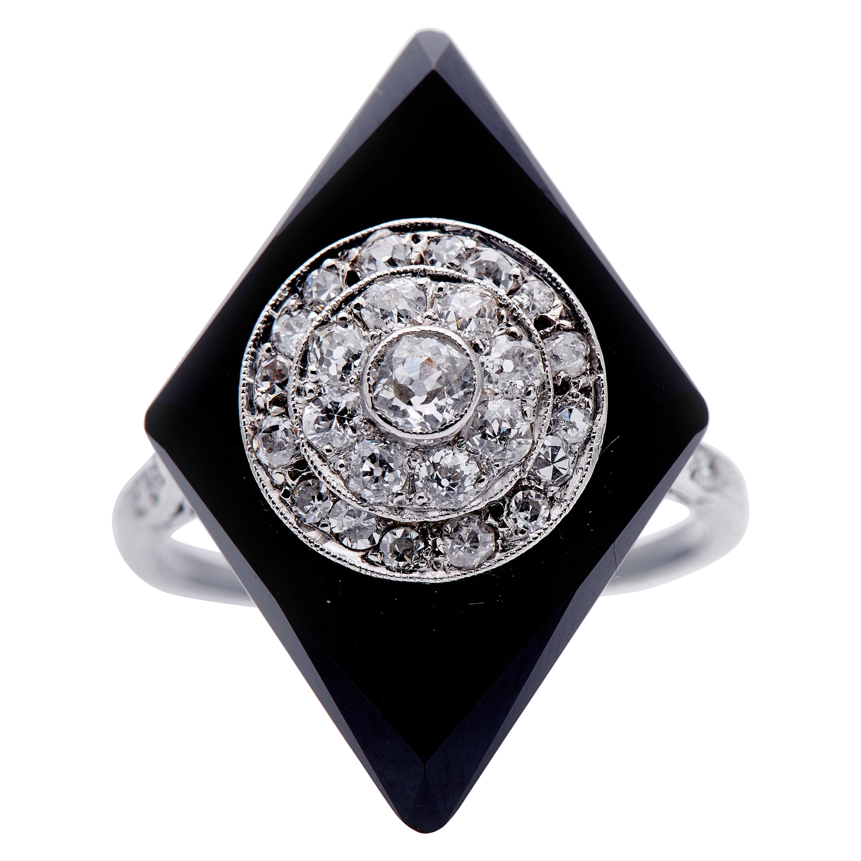 Antique, Art Deco, Platinum, Large Onyx and Diamond Cluster Cocktail Ring