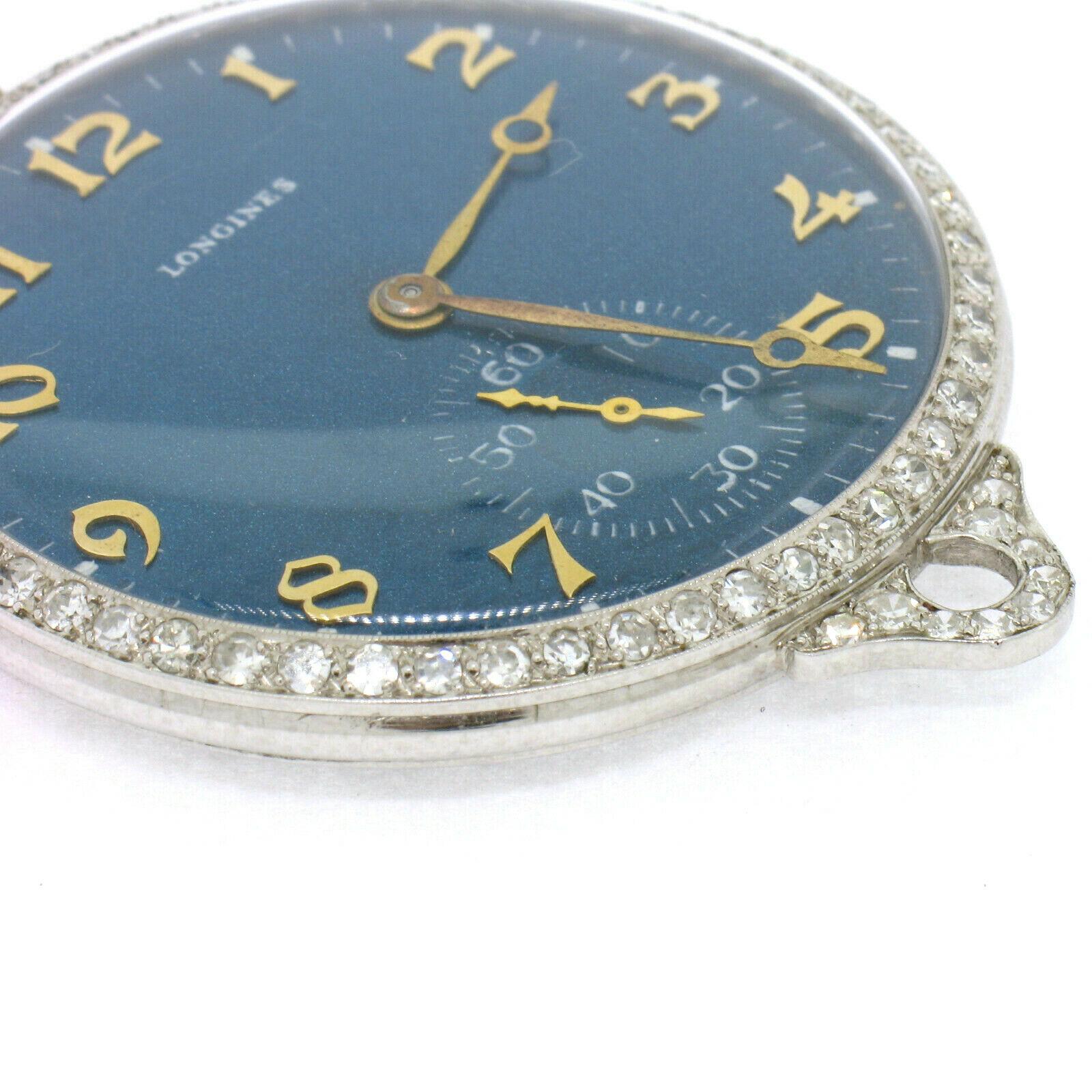 Single Cut Antique Art Deco Platinum Longines 17j Diamond Bezel Blue Pendant Pocket Watch