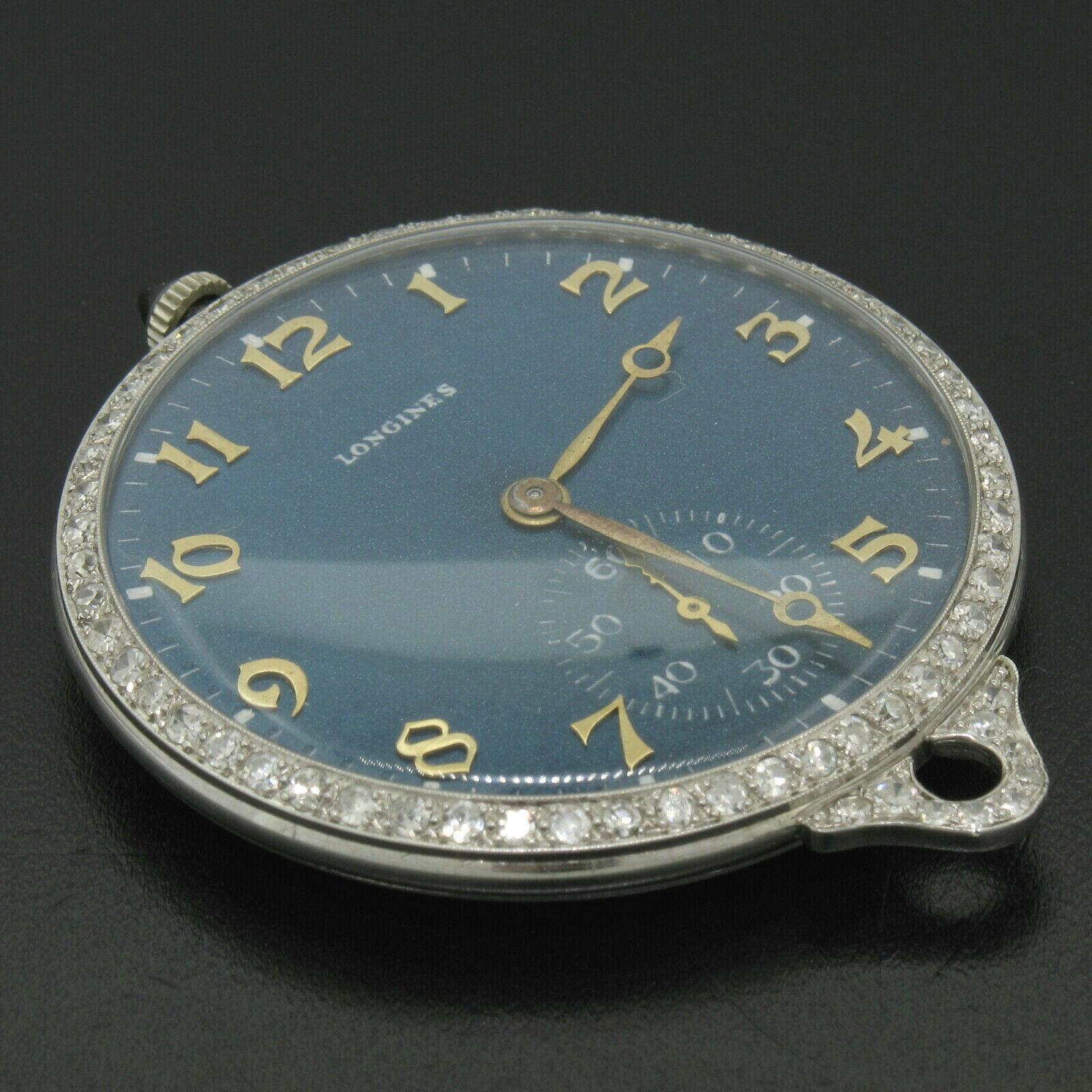 Antique Art Deco Platinum Longines 17j Diamond Bezel Blue Pendant Pocket Watch In Good Condition In Montclair, NJ