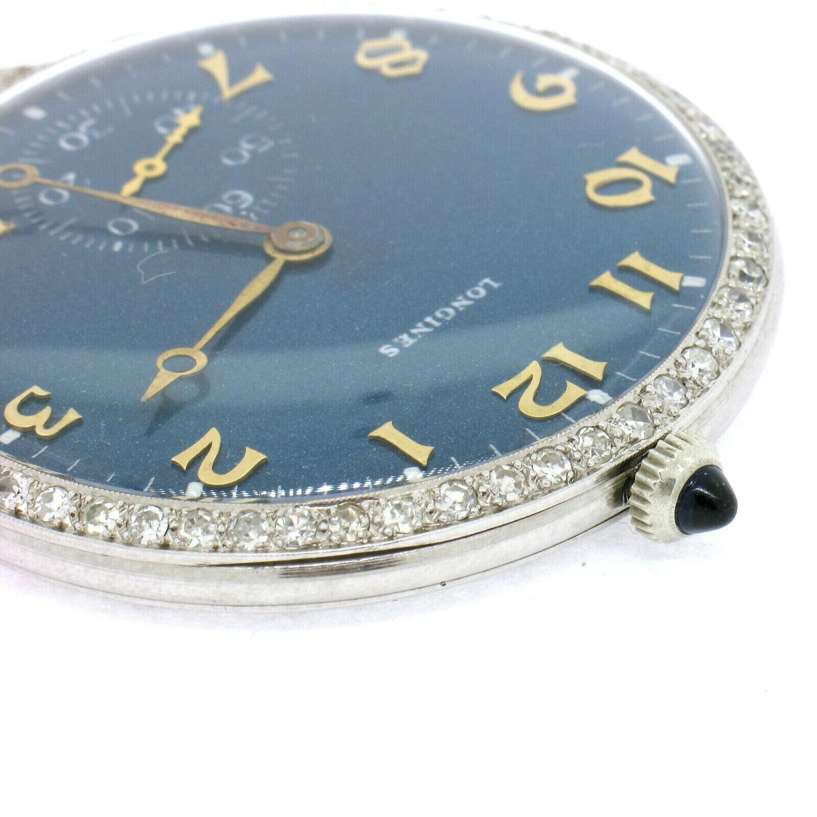 Women's or Men's Antique Art Deco Platinum Longines 17j Diamond Bezel Blue Pendant Pocket Watch