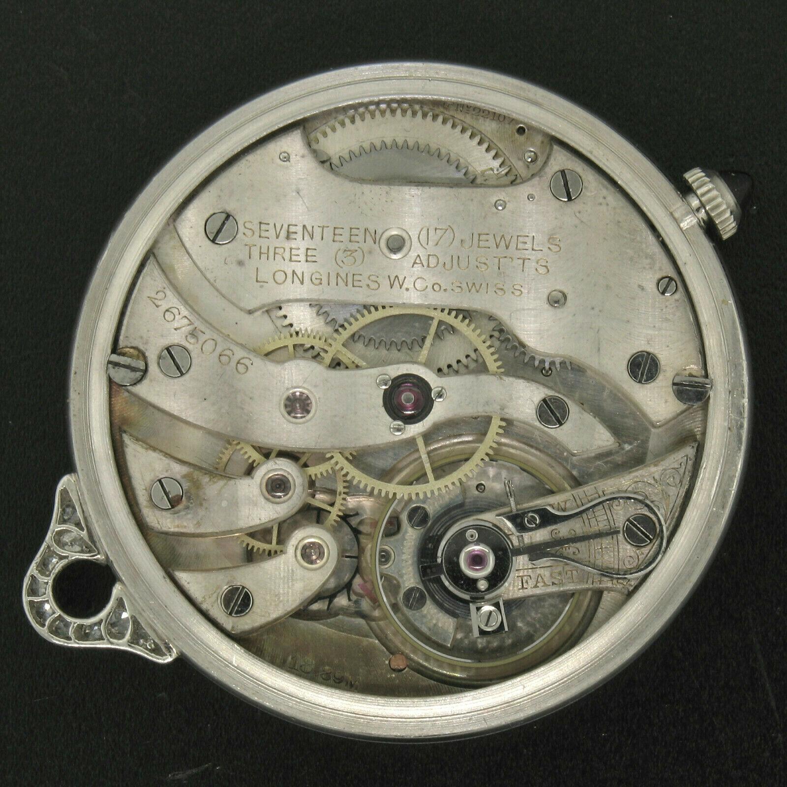 Antique Art Deco Platinum Longines 17j Diamond Bezel Blue Pendant Pocket Watch 2