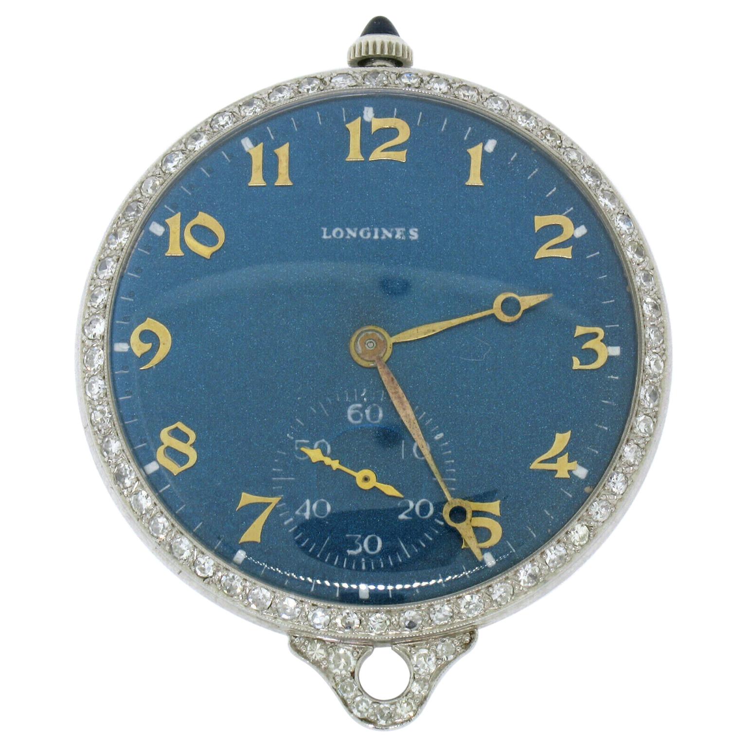 Antique Art Deco Platinum Longines 17j Diamond Bezel Blue Pendant Pocket Watch