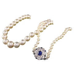 Antique Art Deco Platinum Natural Akoya Pearl Old Euro Diamond Clasp Necklace