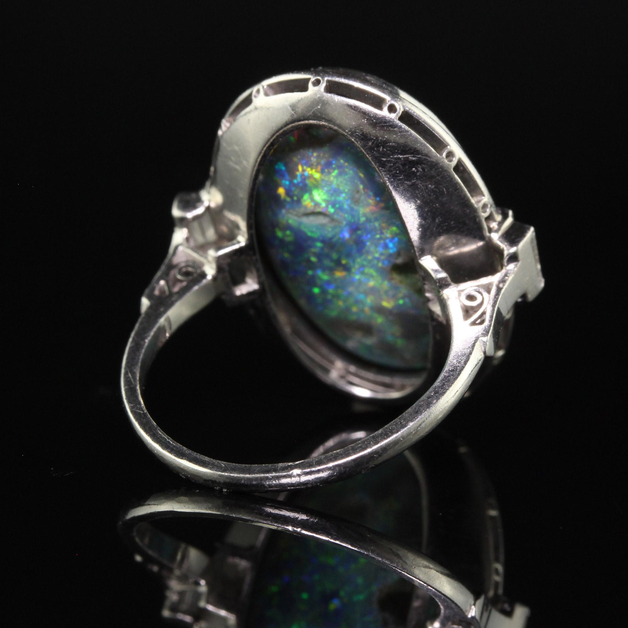 Antique Art Deco Platinum Natural Black Opal and Diamond Statement Ring - GIA For Sale 5