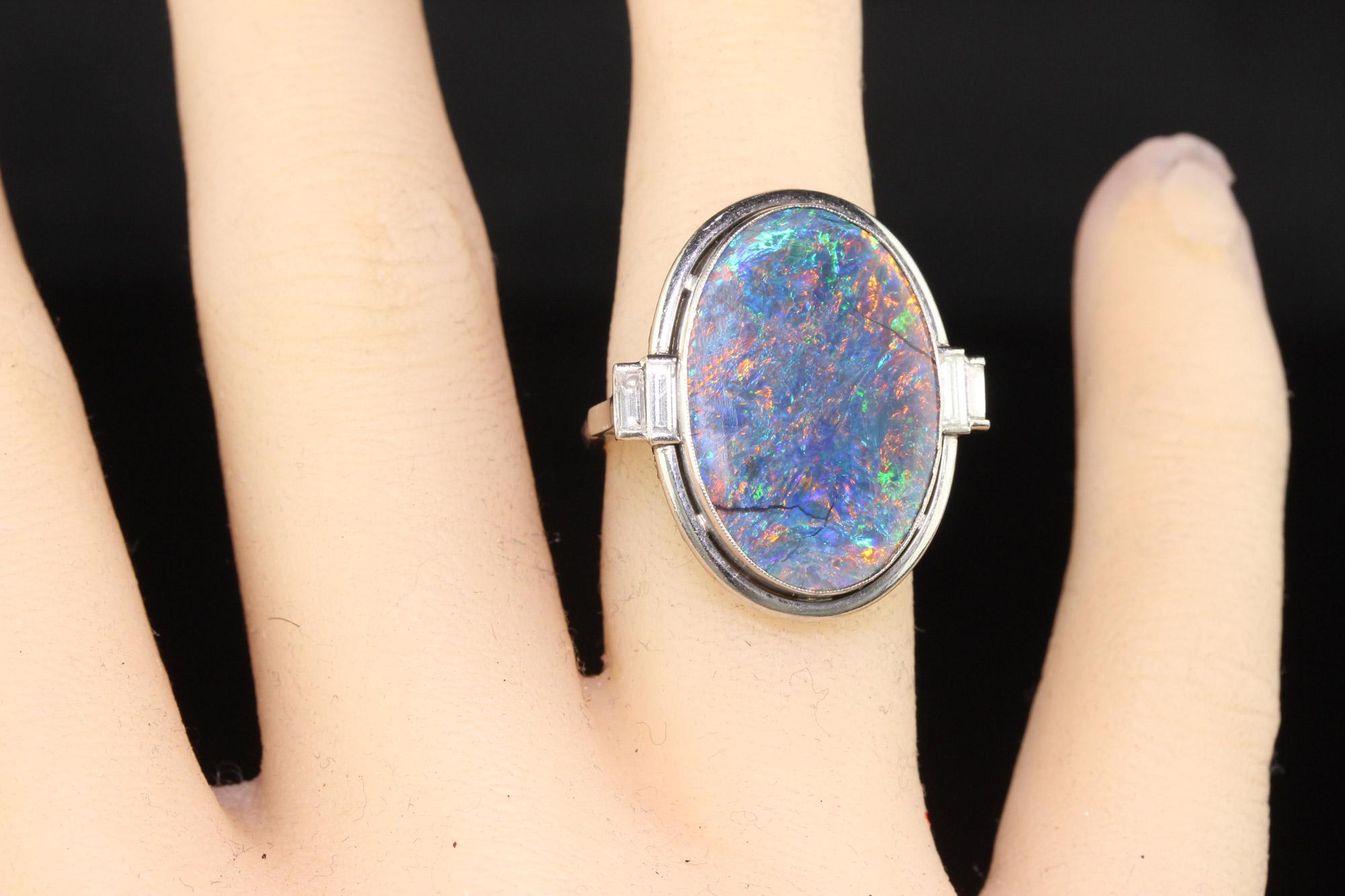 Antique Art Deco Platinum Natural Black Opal and Diamond Statement Ring - GIA For Sale 6