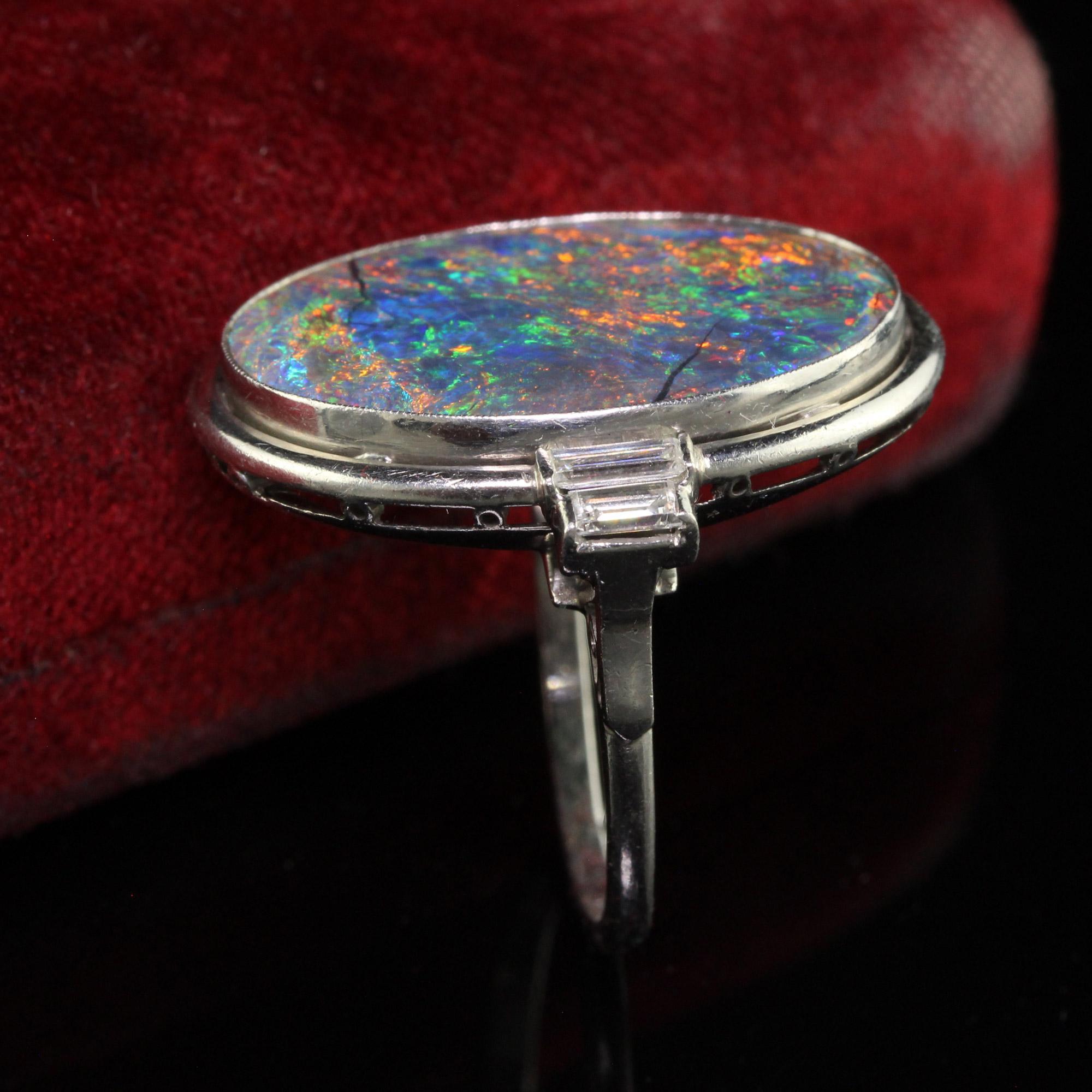 Baguette Cut Antique Art Deco Platinum Natural Black Opal and Diamond Statement Ring - GIA For Sale