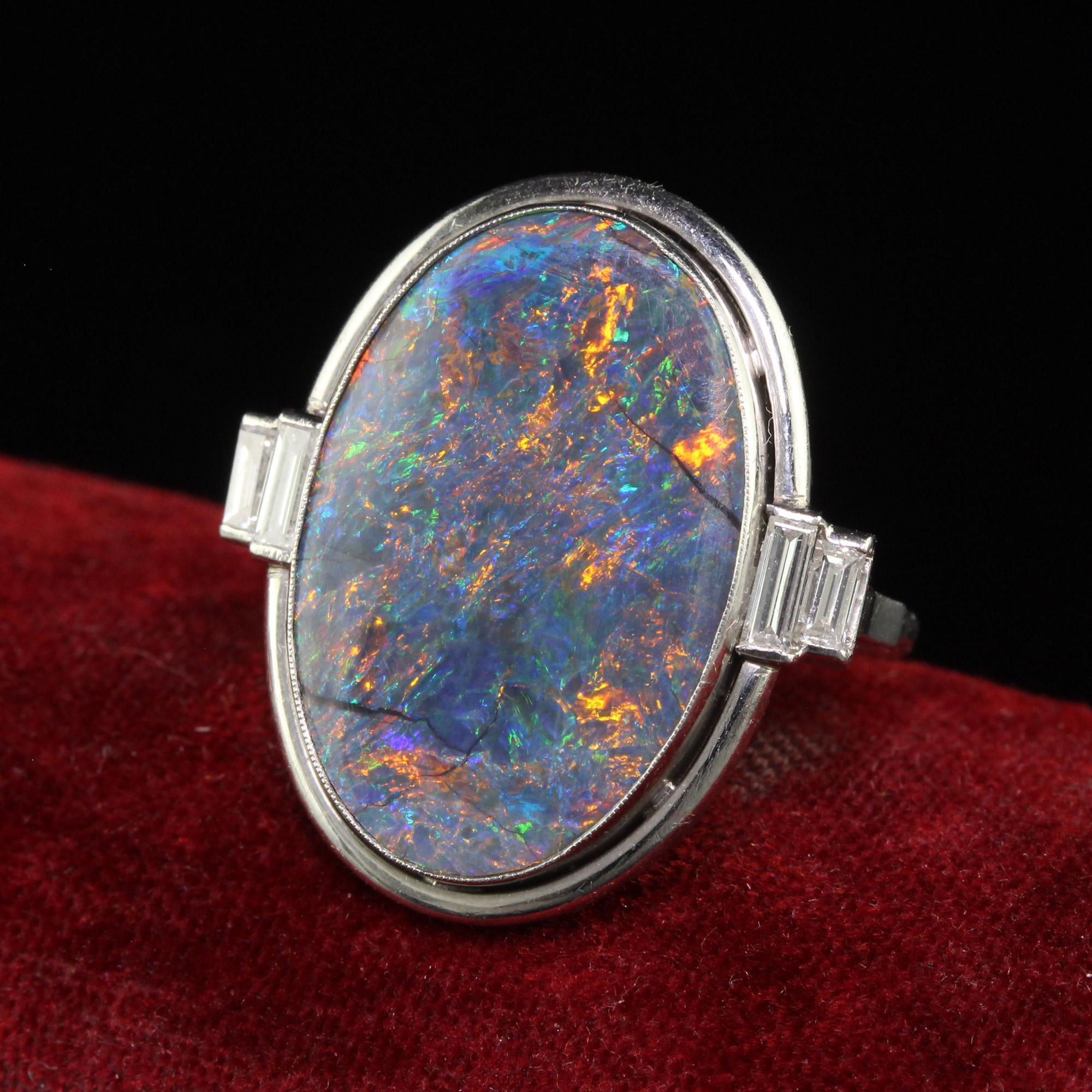Women's Antique Art Deco Platinum Natural Black Opal and Diamond Statement Ring - GIA For Sale