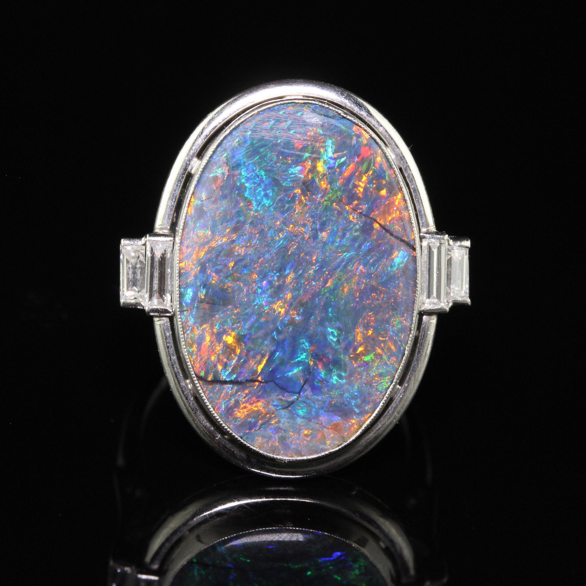 Antique Art Deco Platinum Natural Black Opal and Diamond Statement Ring - GIA For Sale 3