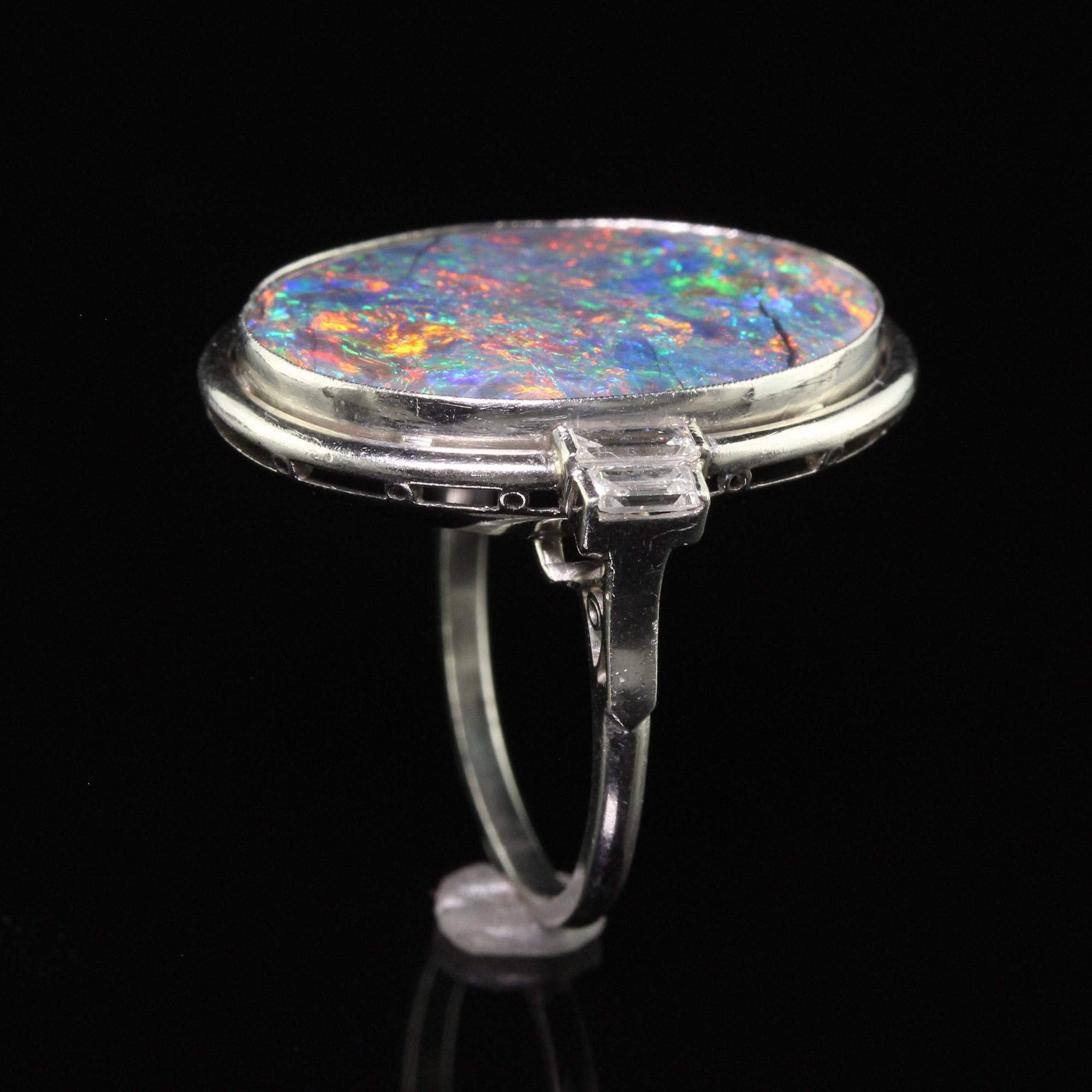 Antique Art Deco Platinum Natural Black Opal and Diamond Statement Ring - GIA For Sale 4