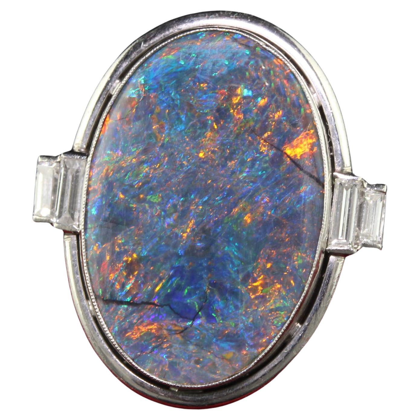 Antique Art Deco Platinum Natural Black Opal and Diamond Statement Ring - GIA