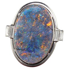 Vintage Art Deco Platinum Natural Black Opal and Diamond Statement Ring - GIA