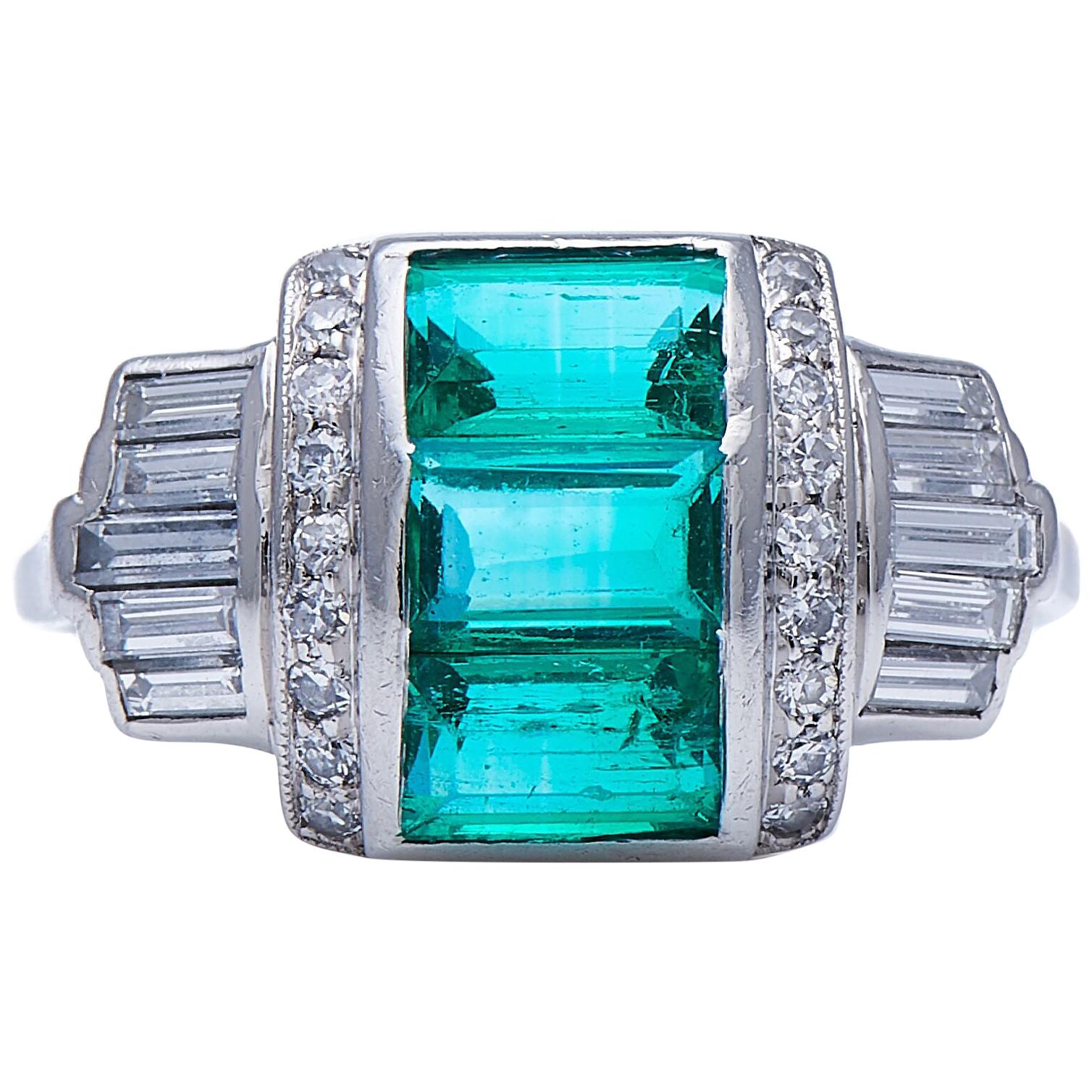 Antique, Art Deco, Platinum, Natural Colombian Emerald and Diamond Ring