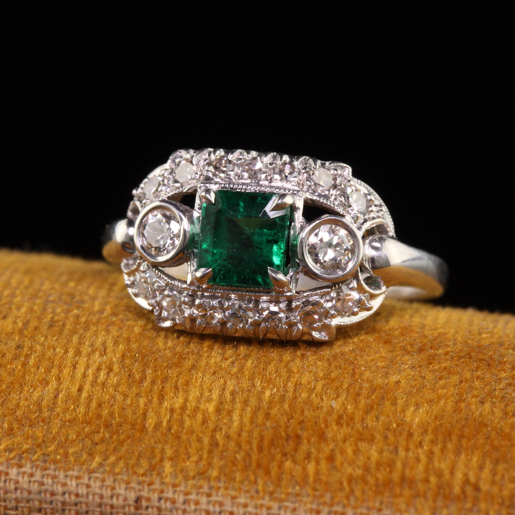 Beautiful Antique Art Deco Platinum Natural Emerald Diamond Engagement Ring. This beautiful engagement ring is crafted in platinum. The center holds a natural emerald and is set with beautiful diamonds around it in a gorgeous Art Deco