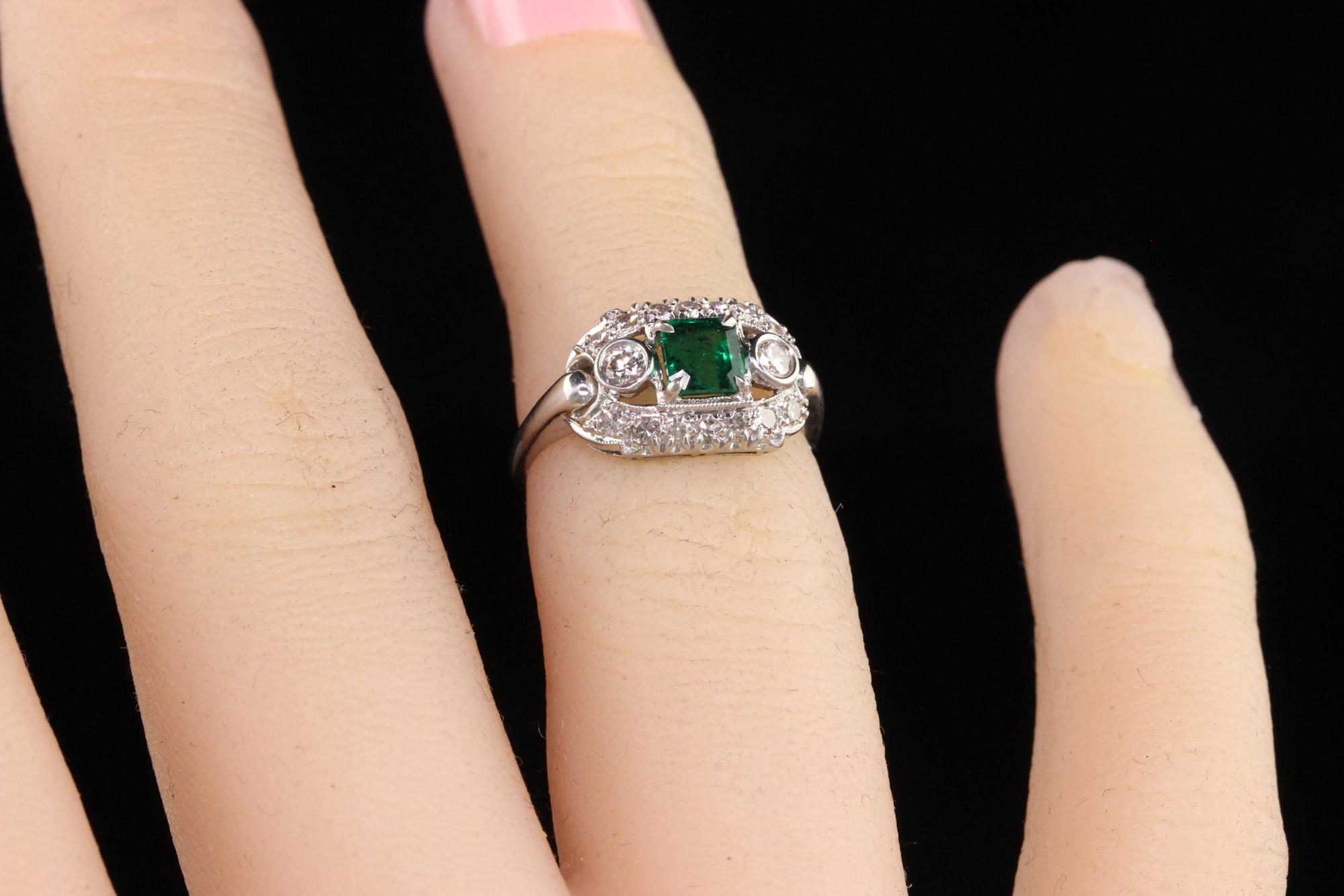 Women's Antique Art Deco Platinum Natural Emerald Diamond Engagement Ring For Sale