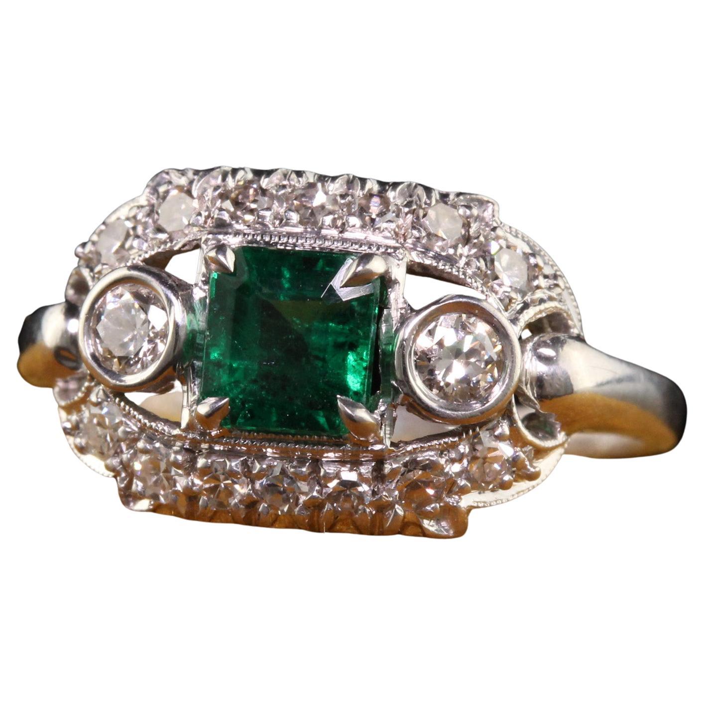 Antique Art Deco Platinum Natural Emerald Diamond Engagement Ring For Sale