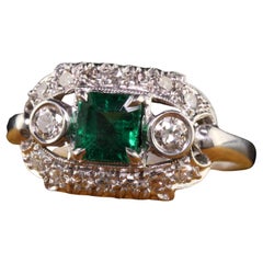 Antiker Art Deco Platin-Verlobungsring mit natürlichem Smaragd und Diamant