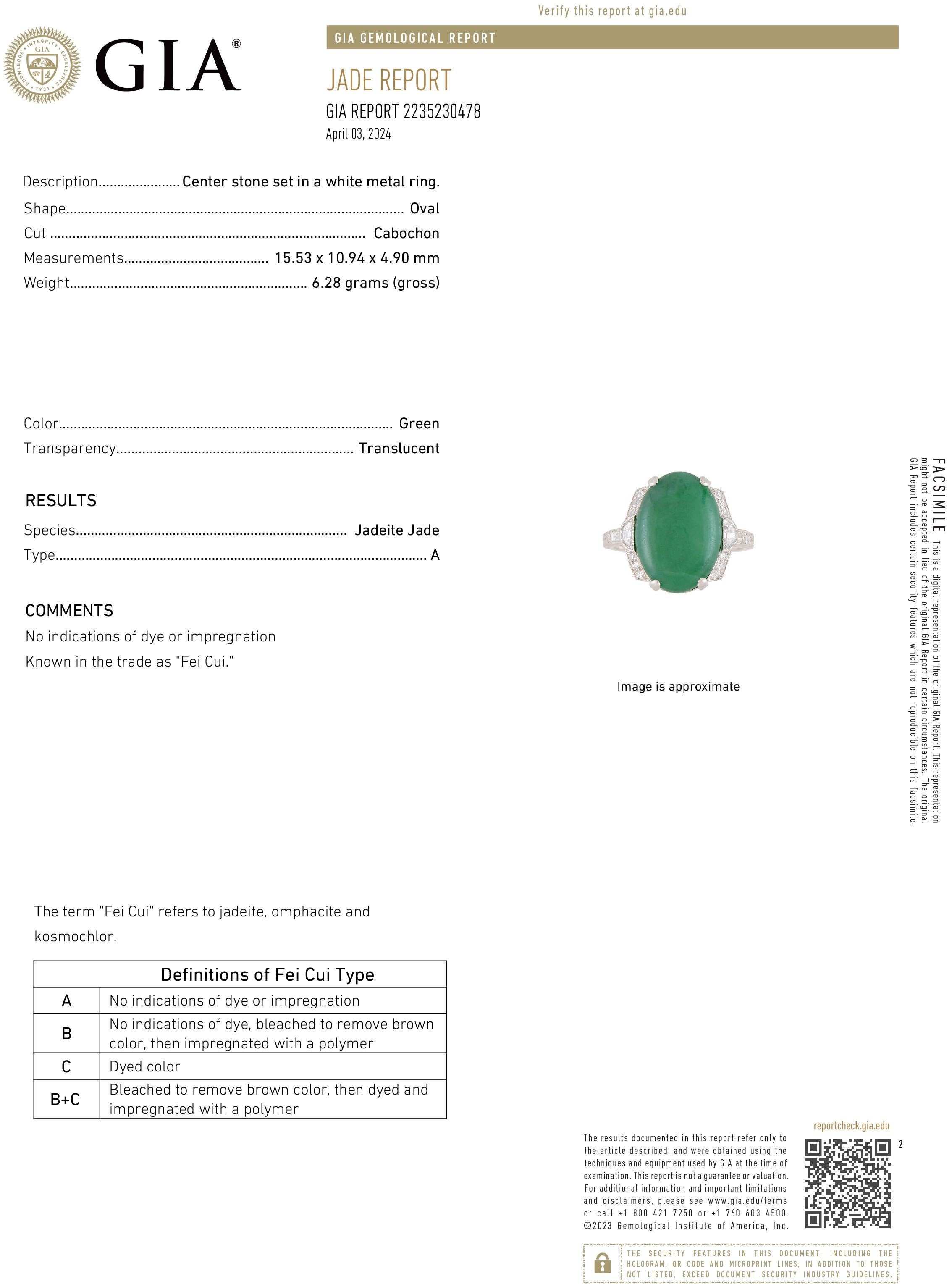Antique Art Deco Platinum Natural Fei Cui Jade and Diamond Cocktail Ring - GIA For Sale 5