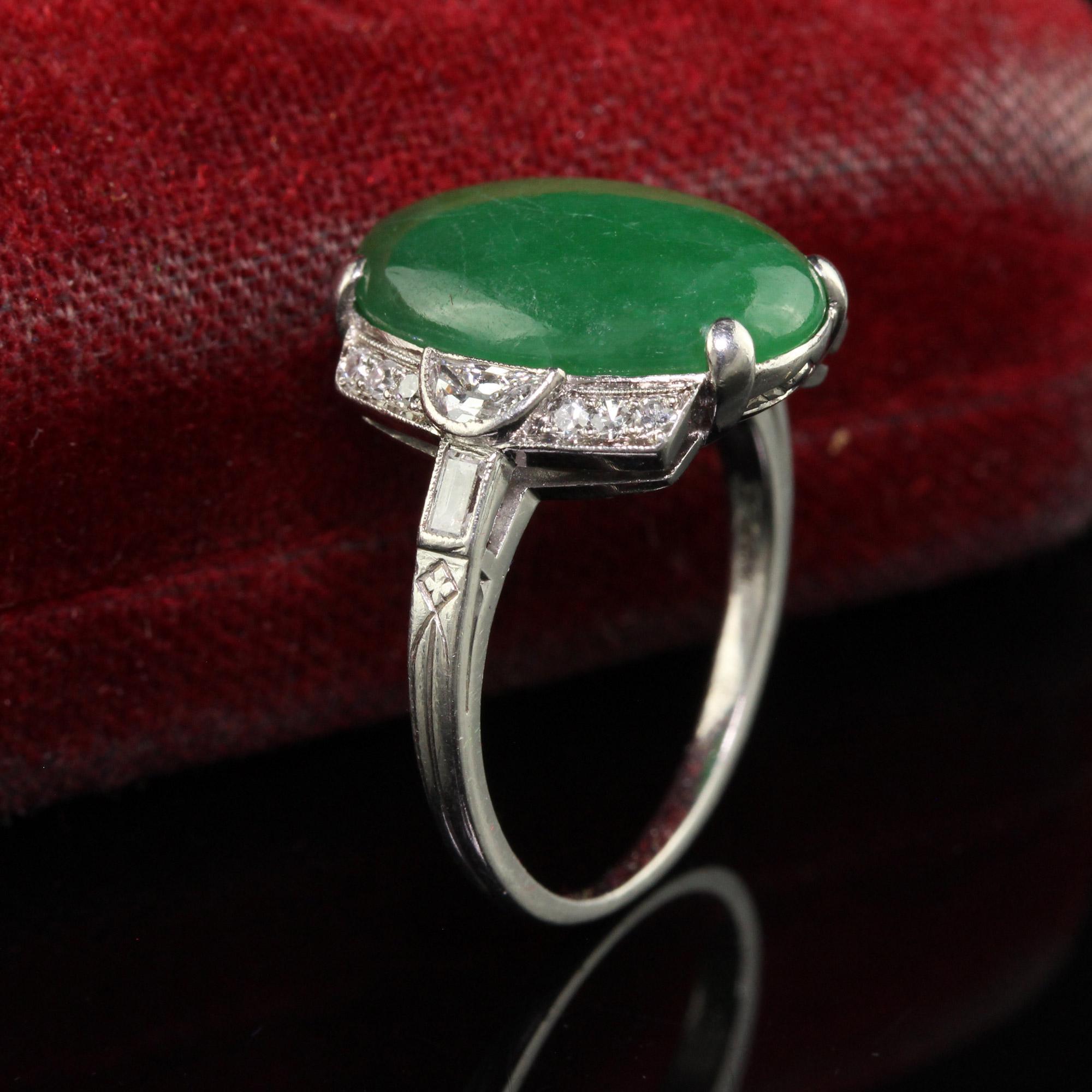 Half Moon Cut Antique Art Deco Platinum Natural Fei Cui Jade and Diamond Cocktail Ring - GIA For Sale