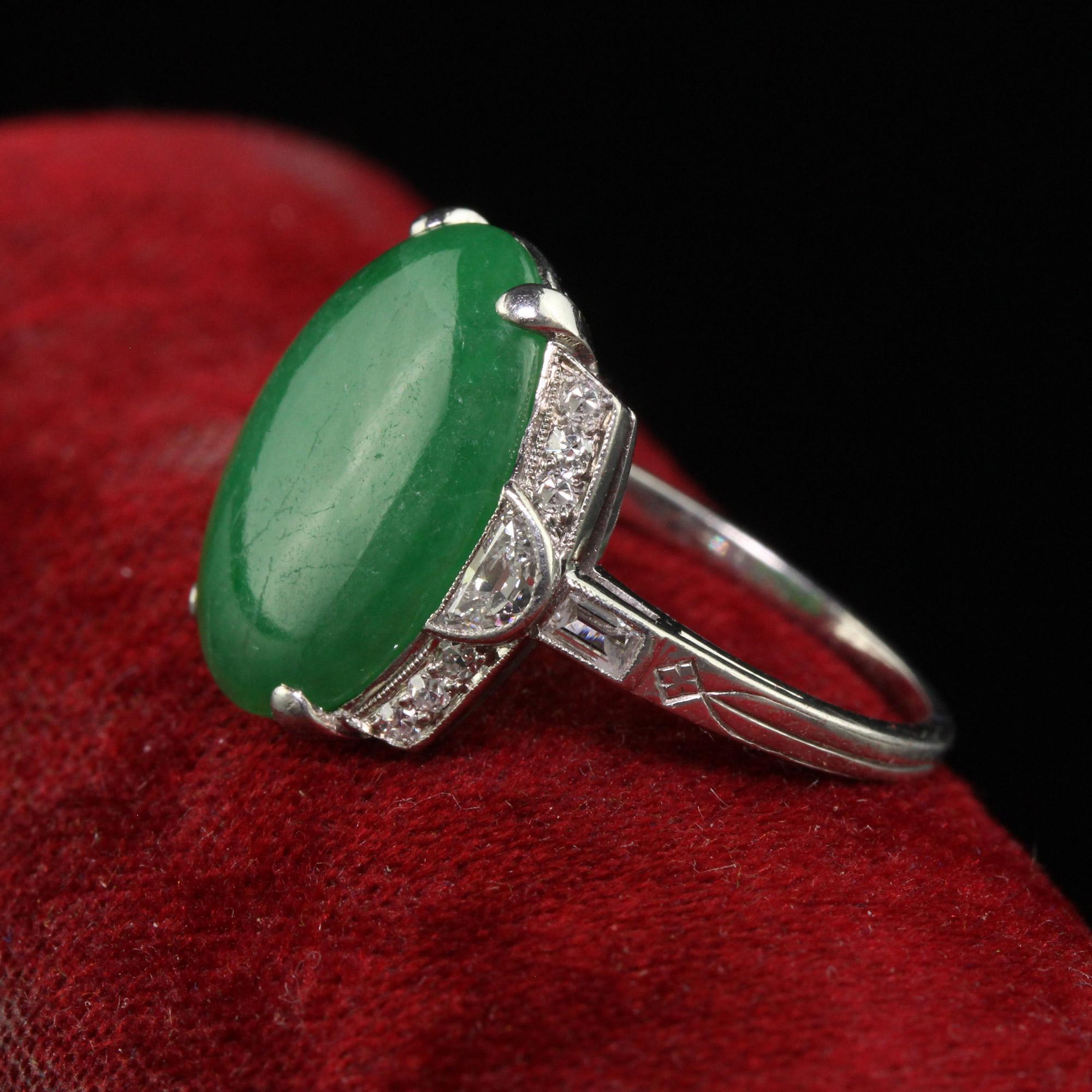 Women's Antique Art Deco Platinum Natural Fei Cui Jade and Diamond Cocktail Ring - GIA For Sale