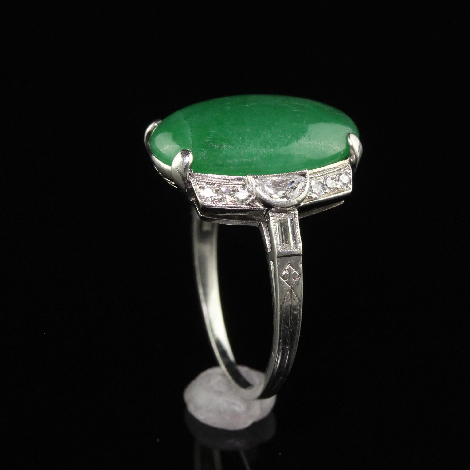 Antique Art Deco Platinum Natural Fei Cui Jade and Diamond Cocktail Ring - GIA For Sale 3