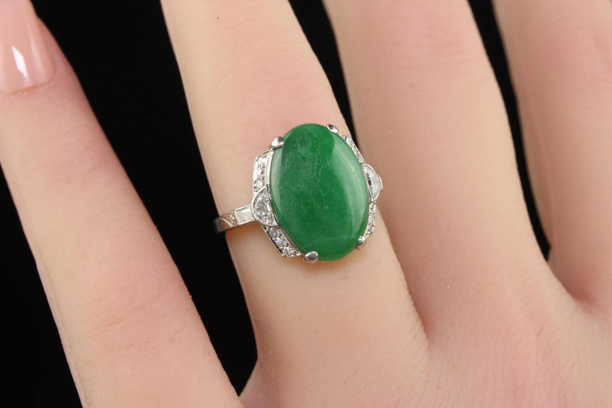Antique Art Deco Platinum Natural Fei Cui Jade and Diamond Cocktail Ring - GIA For Sale 4