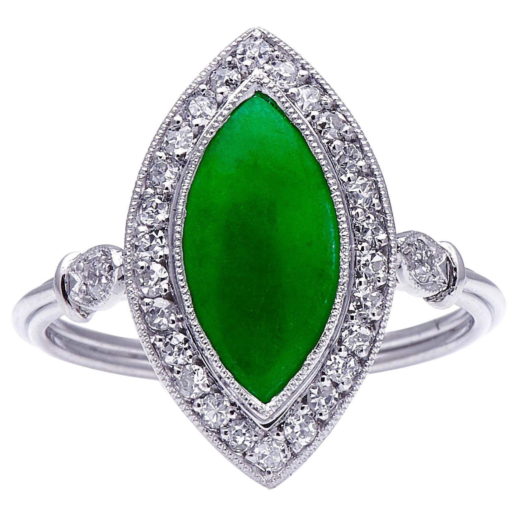 Antique, Art Deco, Platinum, Natural Jade and Diamond Cluster Ring