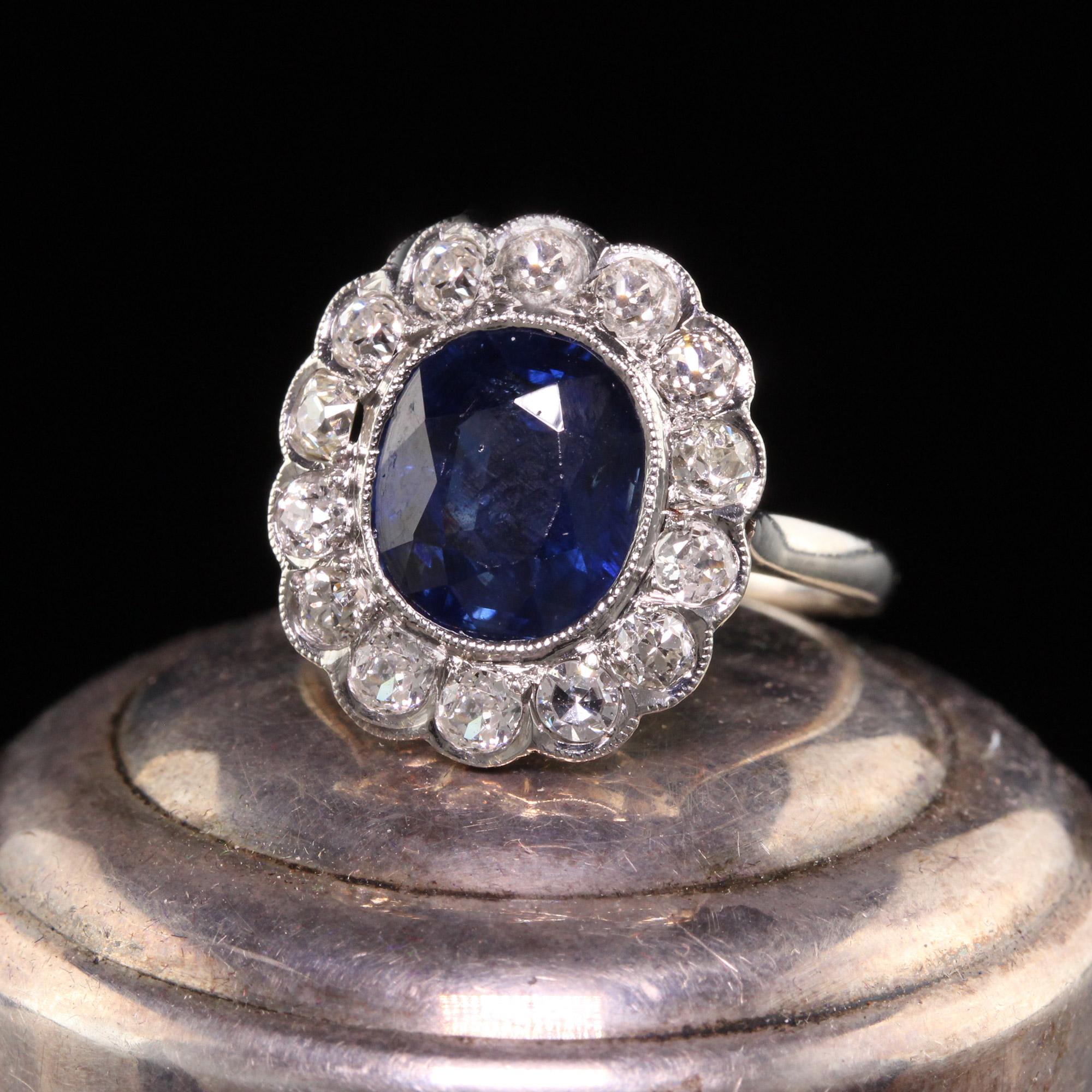 Beautiful Antique Art Deco Platinum Natural No Heat Sapphire Diamond Engagement Ring. This gorgeous engagement ring is crafted in platinum. The center holds a beautiful blue sapphire that shows no indication of heating. It is surrounded by old cut