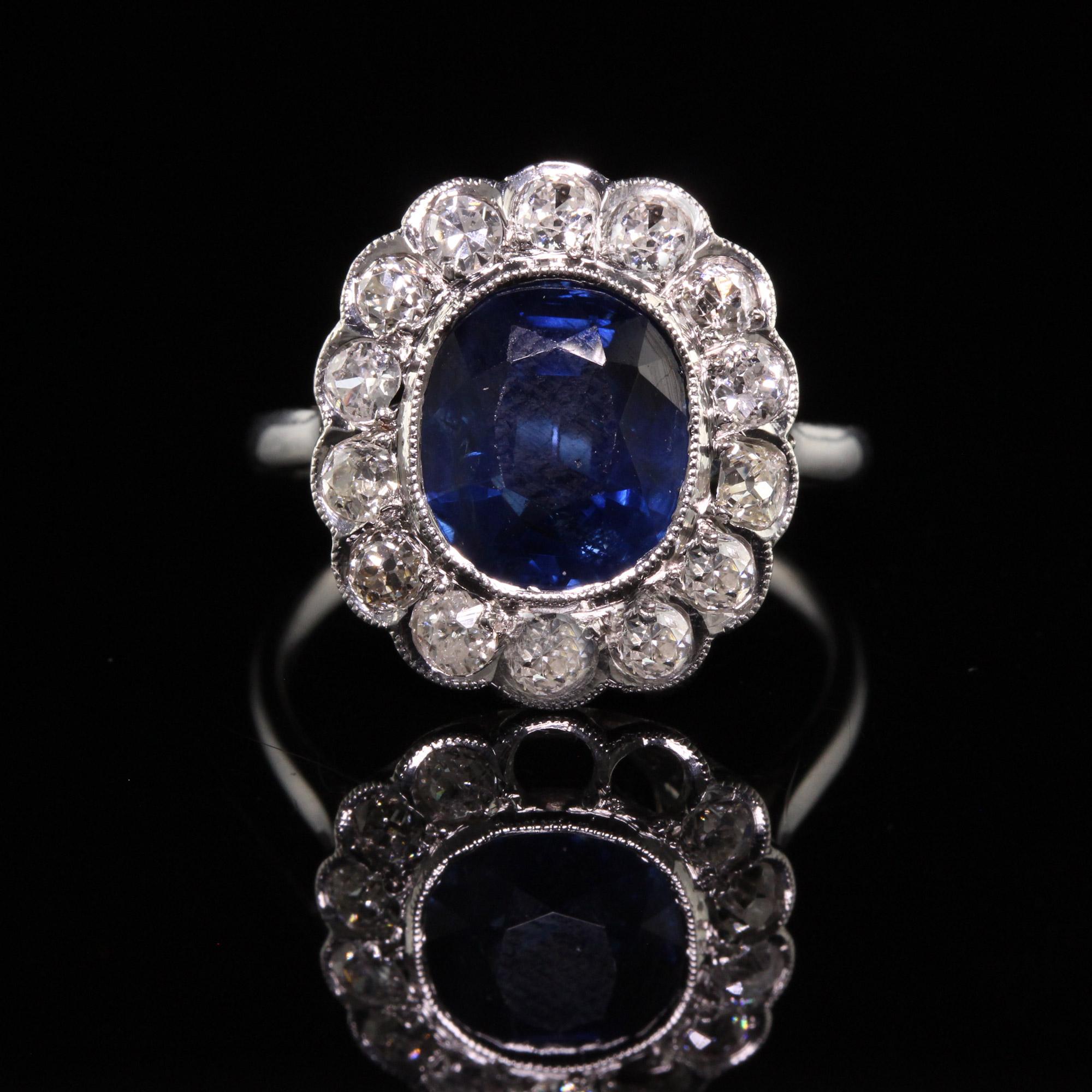 Cushion Cut Antique Art Deco Platinum Natural No Heat Sapphire Diamond Engagement Ring