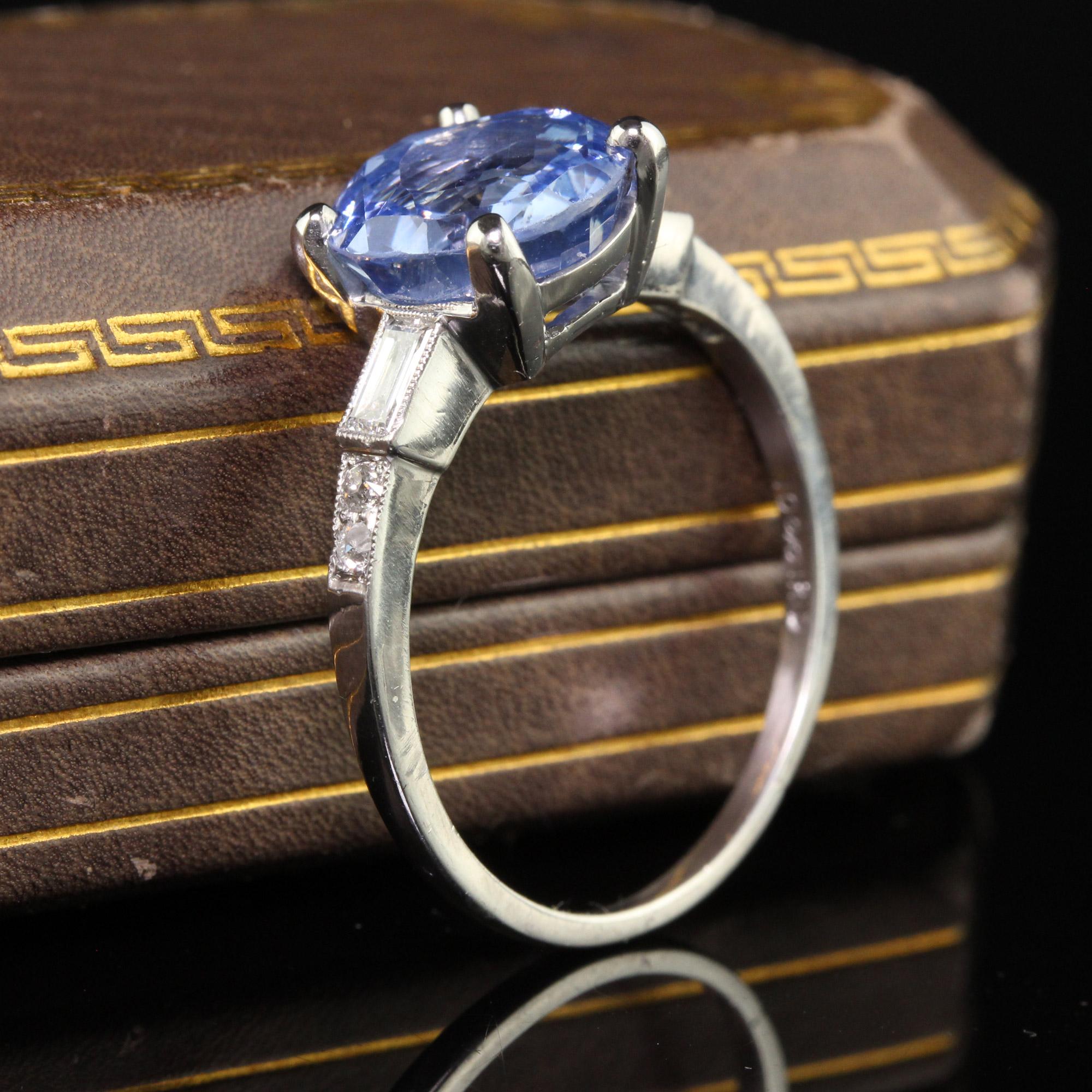Beautiful Antique Art Deco Platinum Natural Old Cut Sapphire Diamond Engagement Ring - GIA. This gorgeous engagement ring is crafted in platinum. The center holds a beautiful natural sapphire in a gorgeous Art Deco mounting with diamonds on each