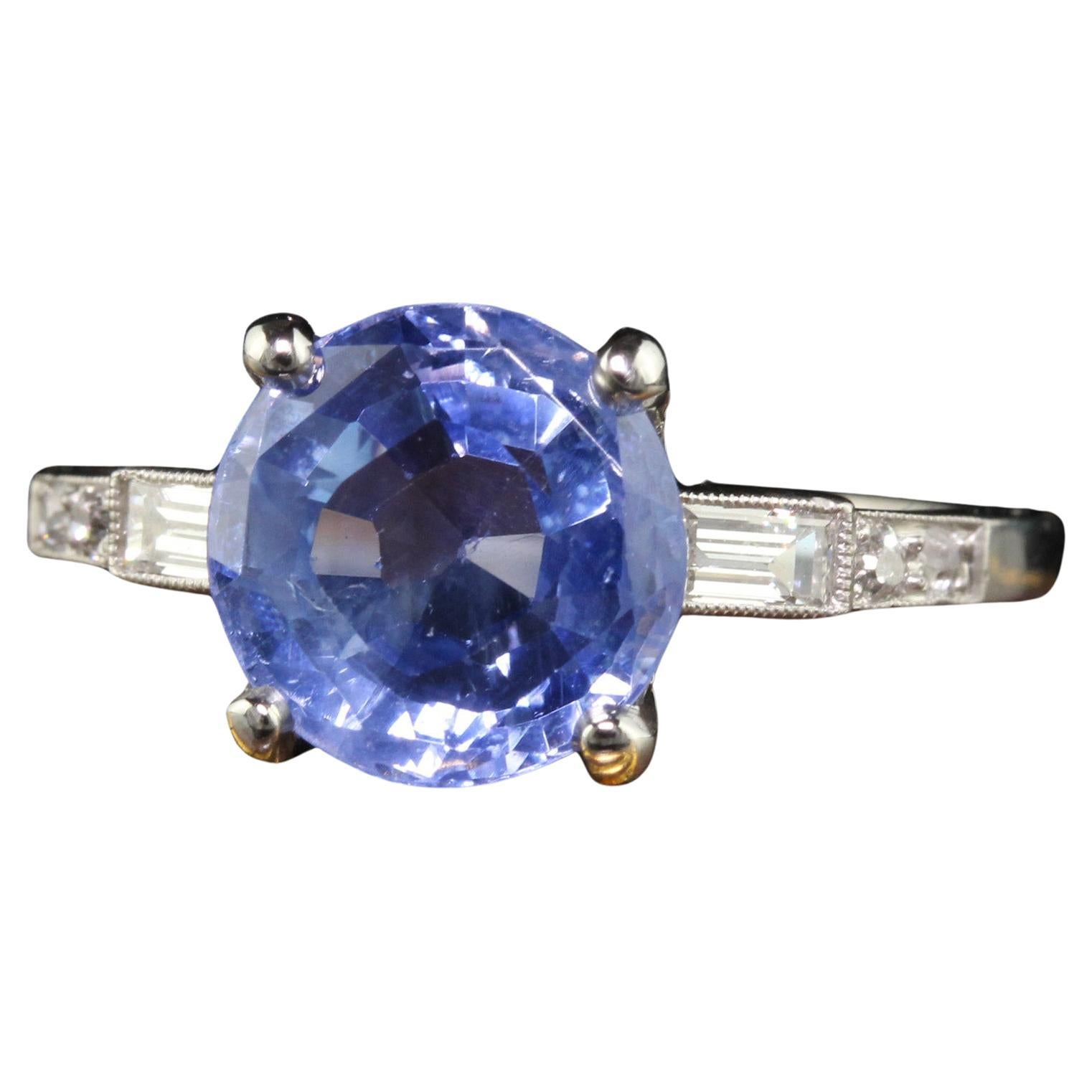 Antique Art Deco Platinum Natural Old Cut Sapphire Diamond Engagement Ring - GIA For Sale