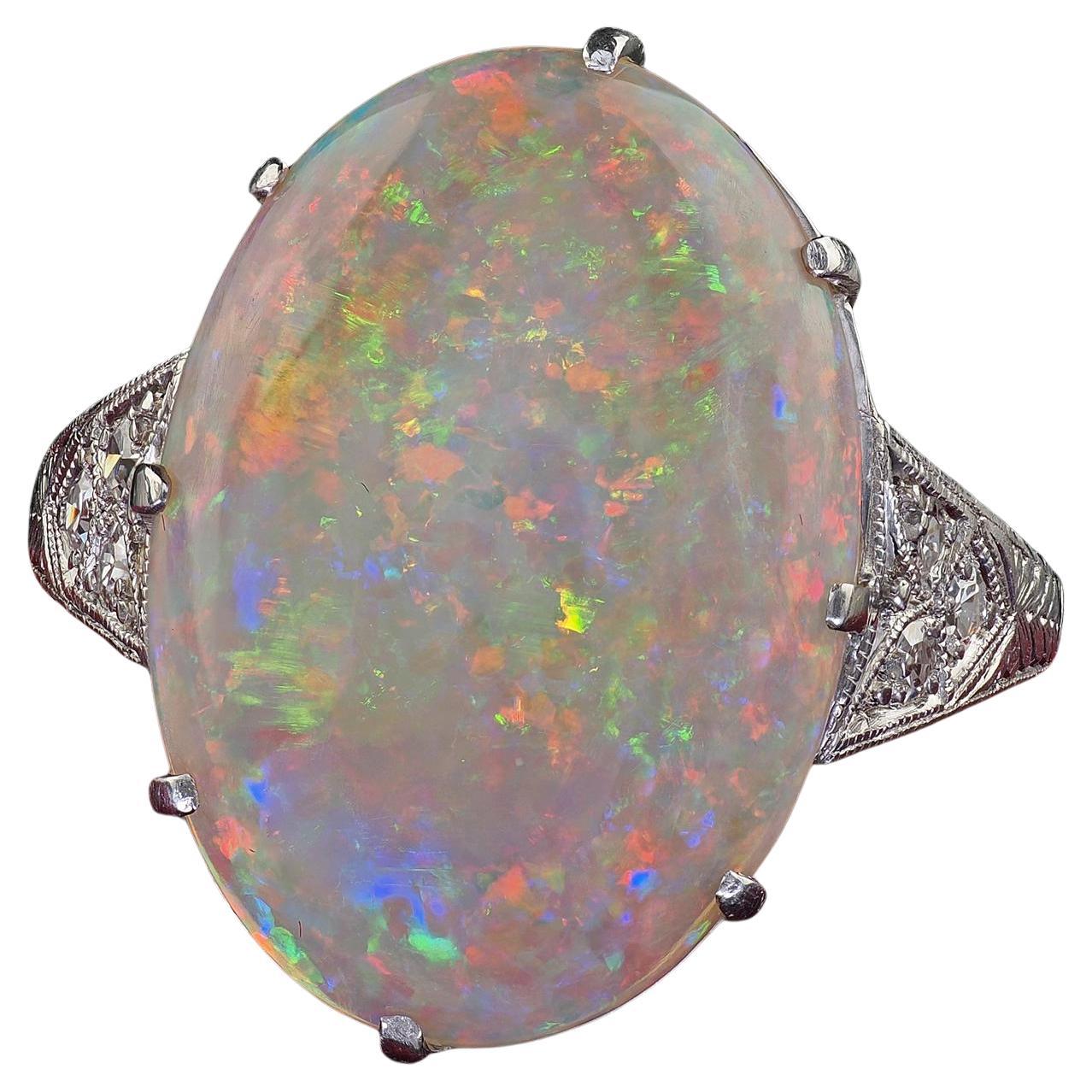 Antique Art Deco Platinum Natural Opal and Diamond Engraved Cocktail Ring