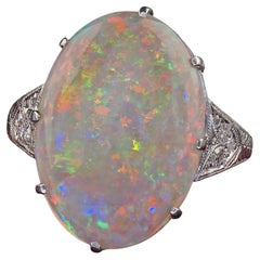 Antique Art Deco Platinum Natural Opal and Diamond Engraved Cocktail Ring