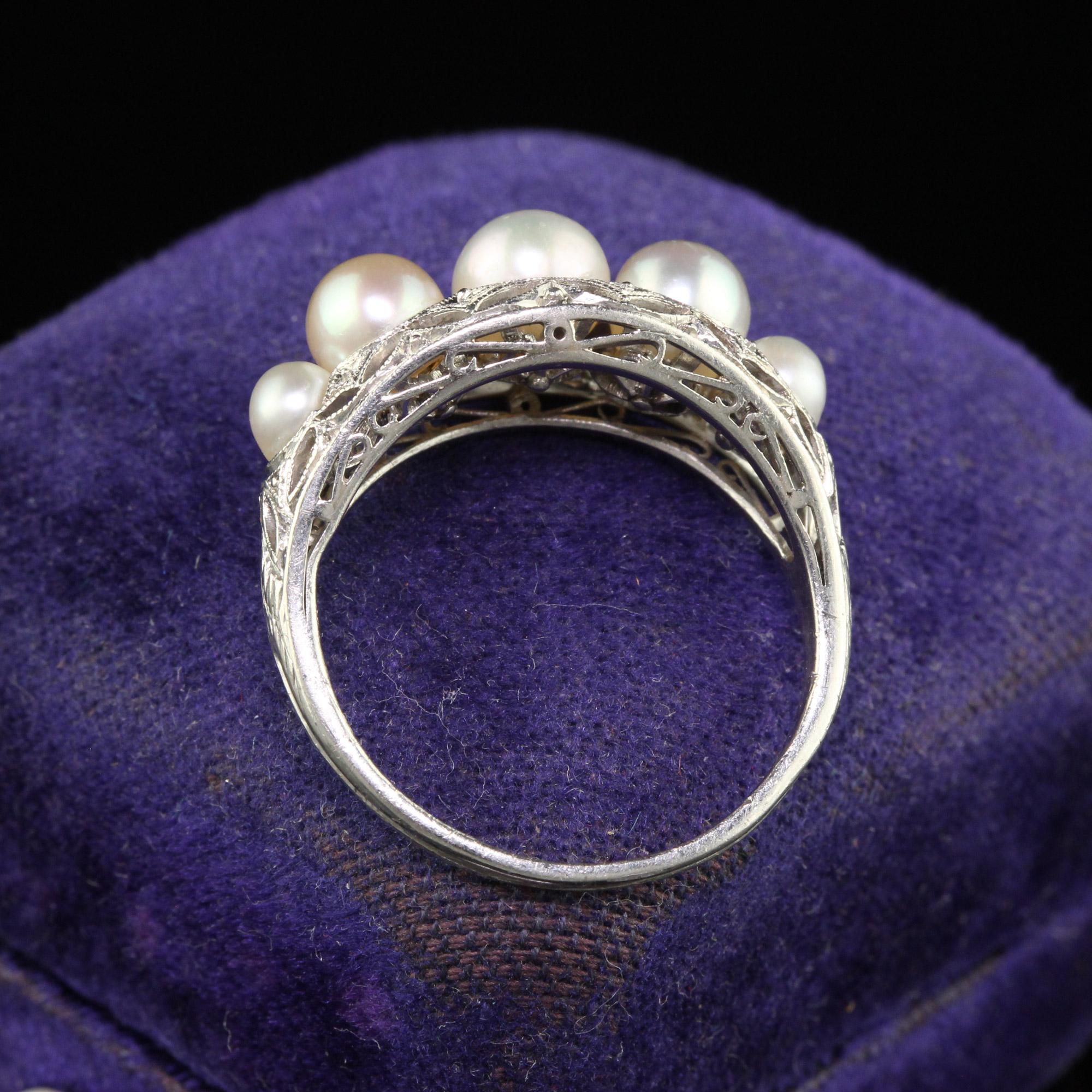 Round Cut Antique Art Deco Platinum Natural Pearl Five Stone Filigree Ring For Sale