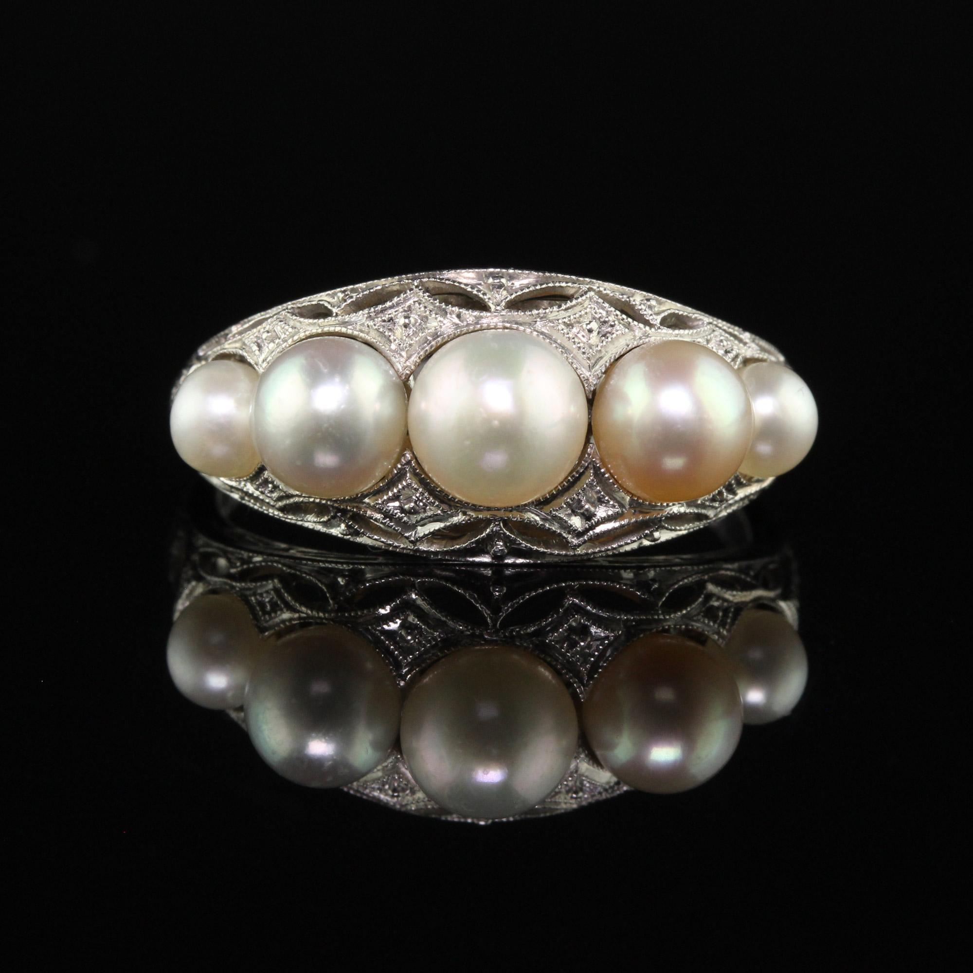 Antique Art Deco Platinum Natural Pearl Five Stone Filigree Ring In Good Condition For Sale In Great Neck, NY