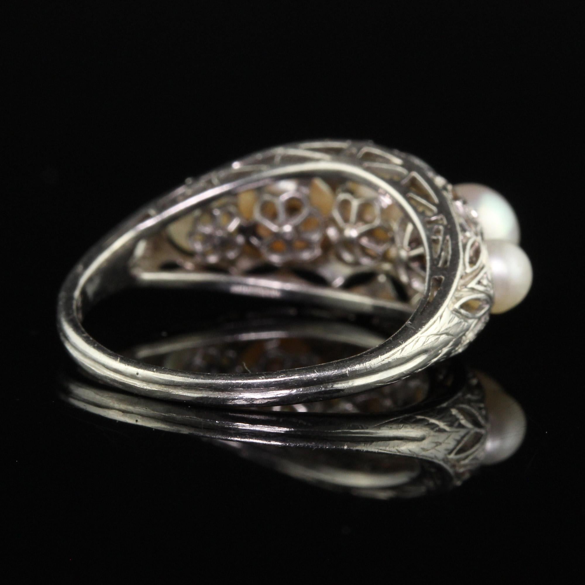 Women's Antique Art Deco Platinum Natural Pearl Five Stone Filigree Ring For Sale