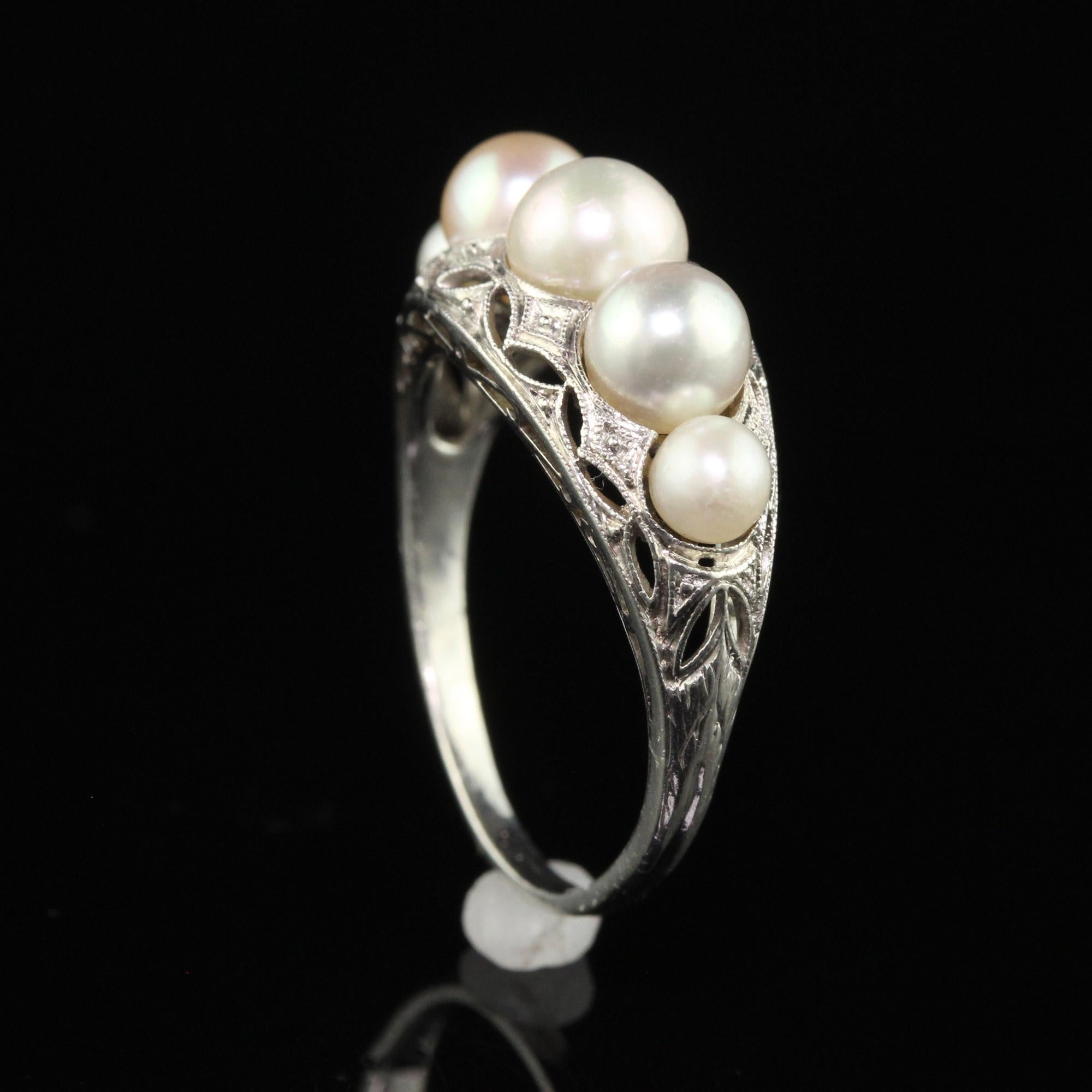 Antique Art Deco Platinum Natural Pearl Five Stone Filigree Ring For Sale 1