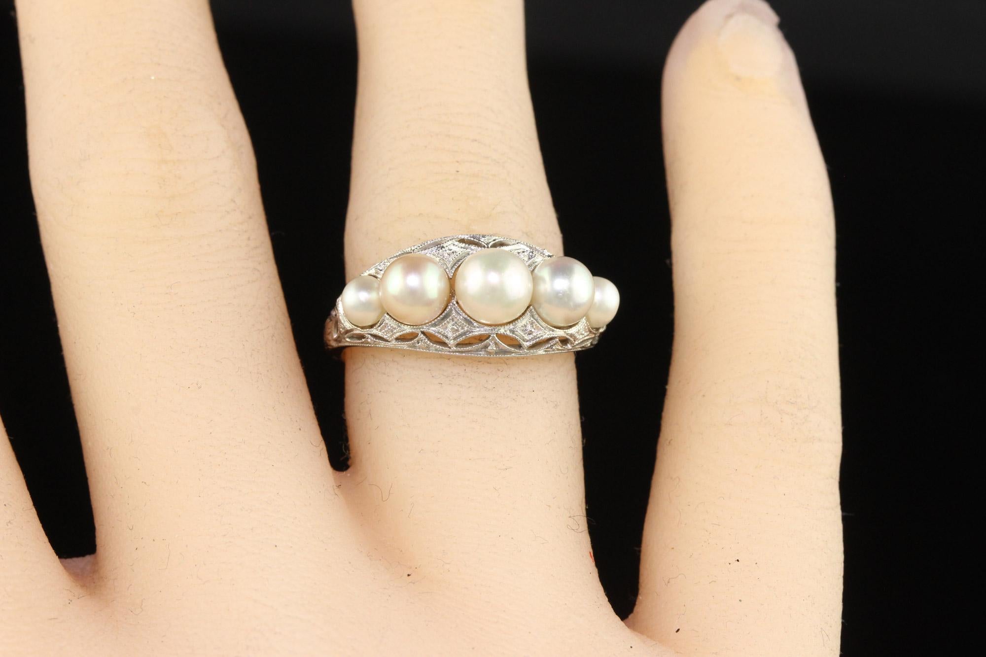 Antique Art Deco Platinum Natural Pearl Five Stone Filigree Ring For Sale 2
