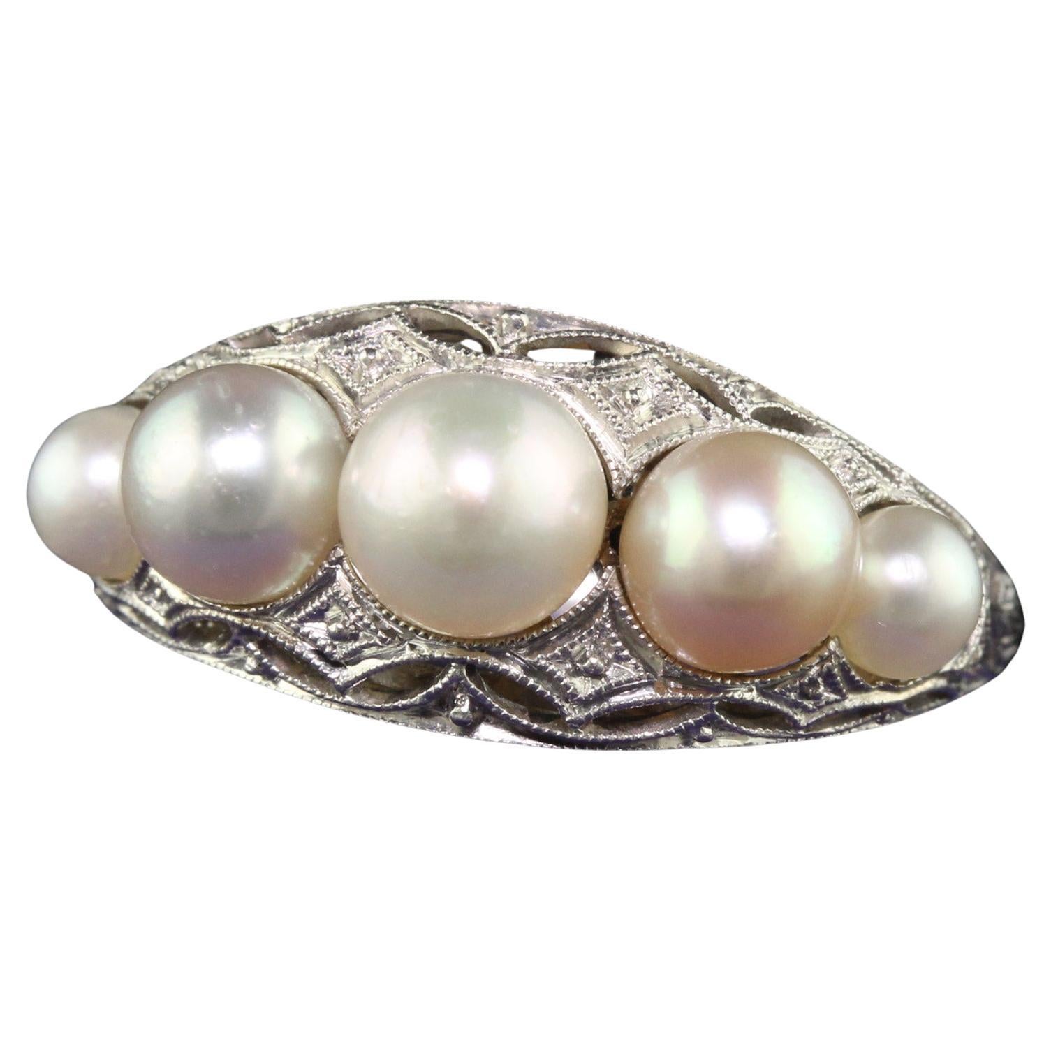 Antique Art Deco Platinum Natural Pearl Five Stone Filigree Ring For Sale
