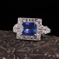 Antique Art Deco Platinum Natural Sapphire and Diamond Engagement Ring, GIA