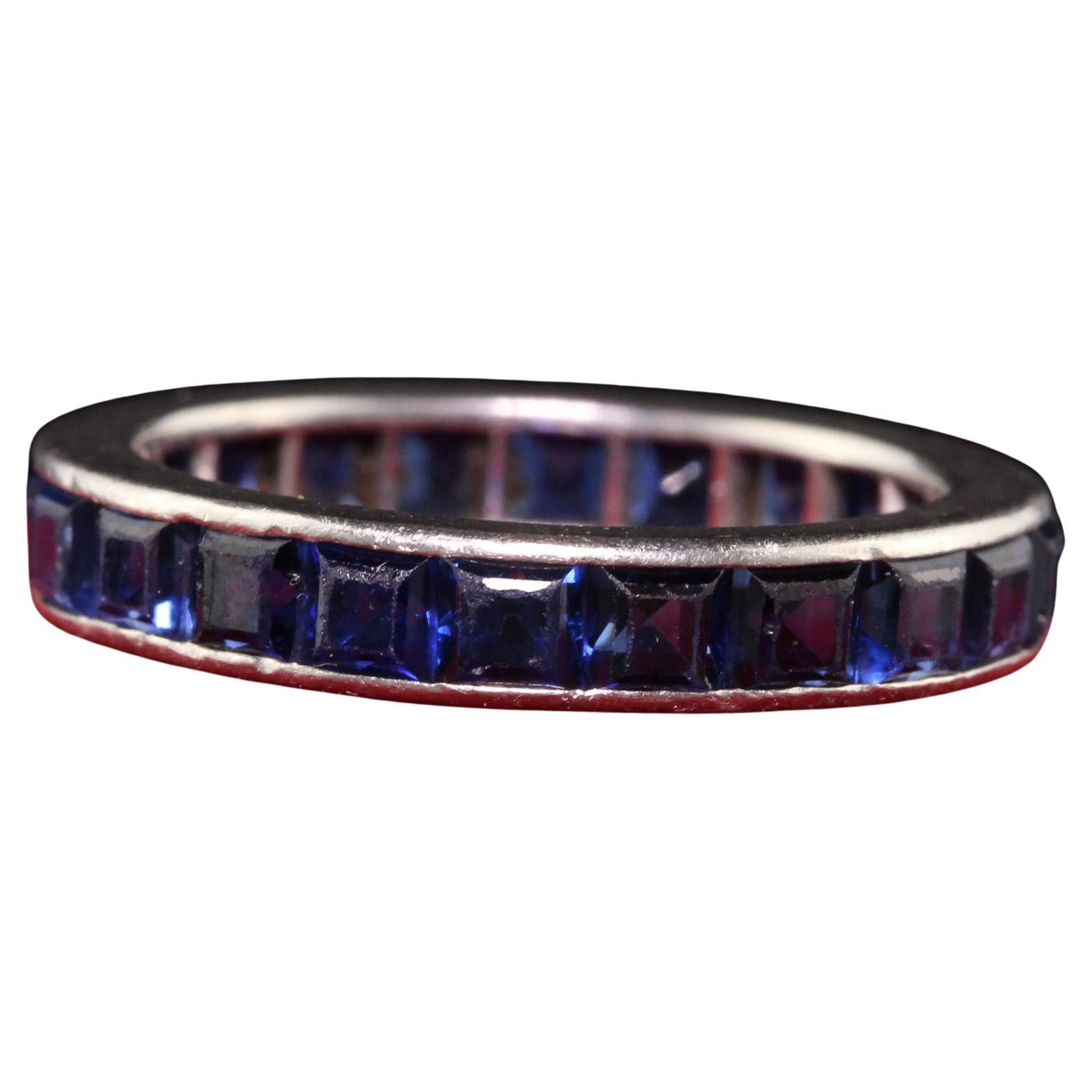 Antique Art Deco Platinum Natural Square Cut Sapphire Eternity Band - Size 6 1/4