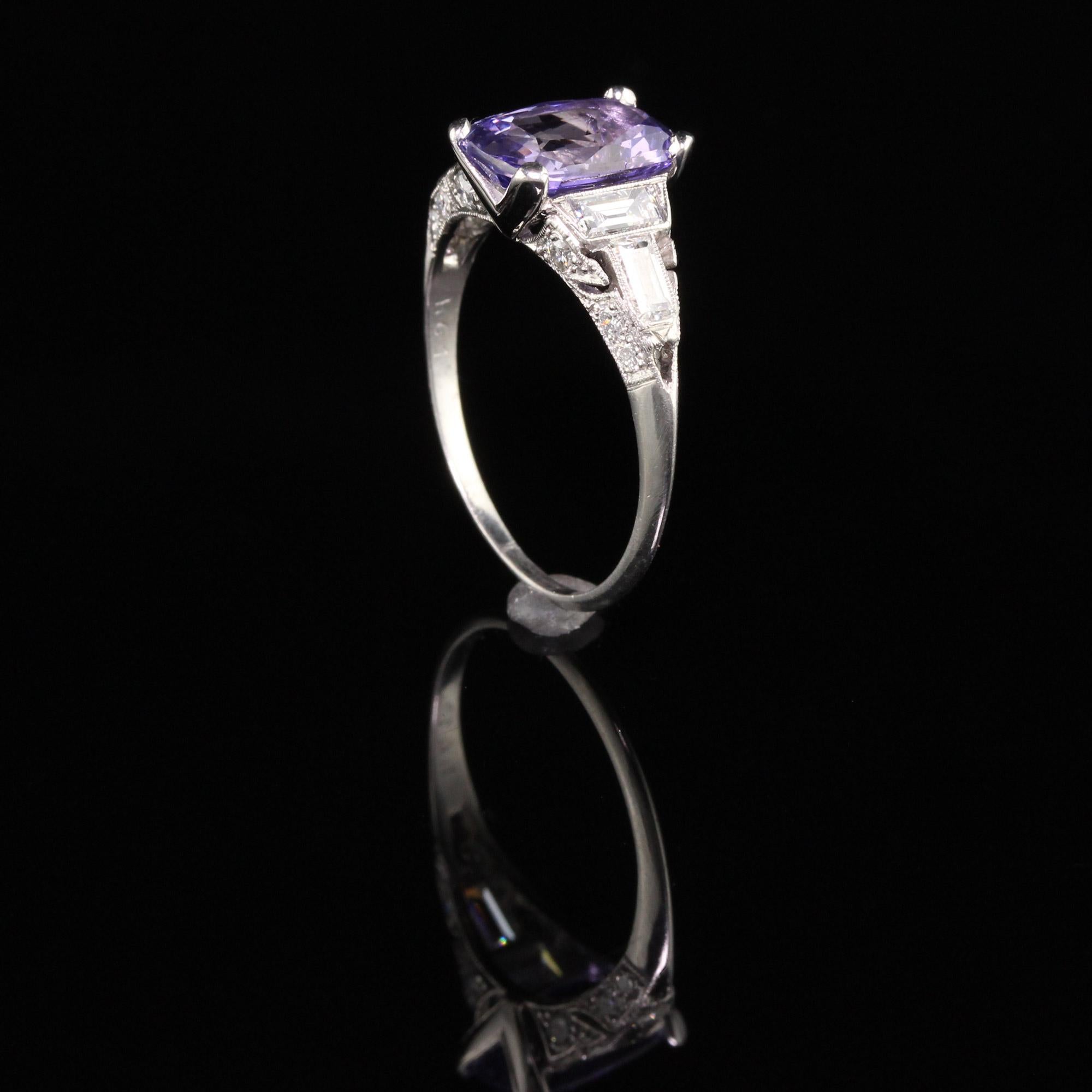 Antique Cushion Cut Antique Art Deco Platinum No Heat Purple Sapphire and Diamond Engagement Ring